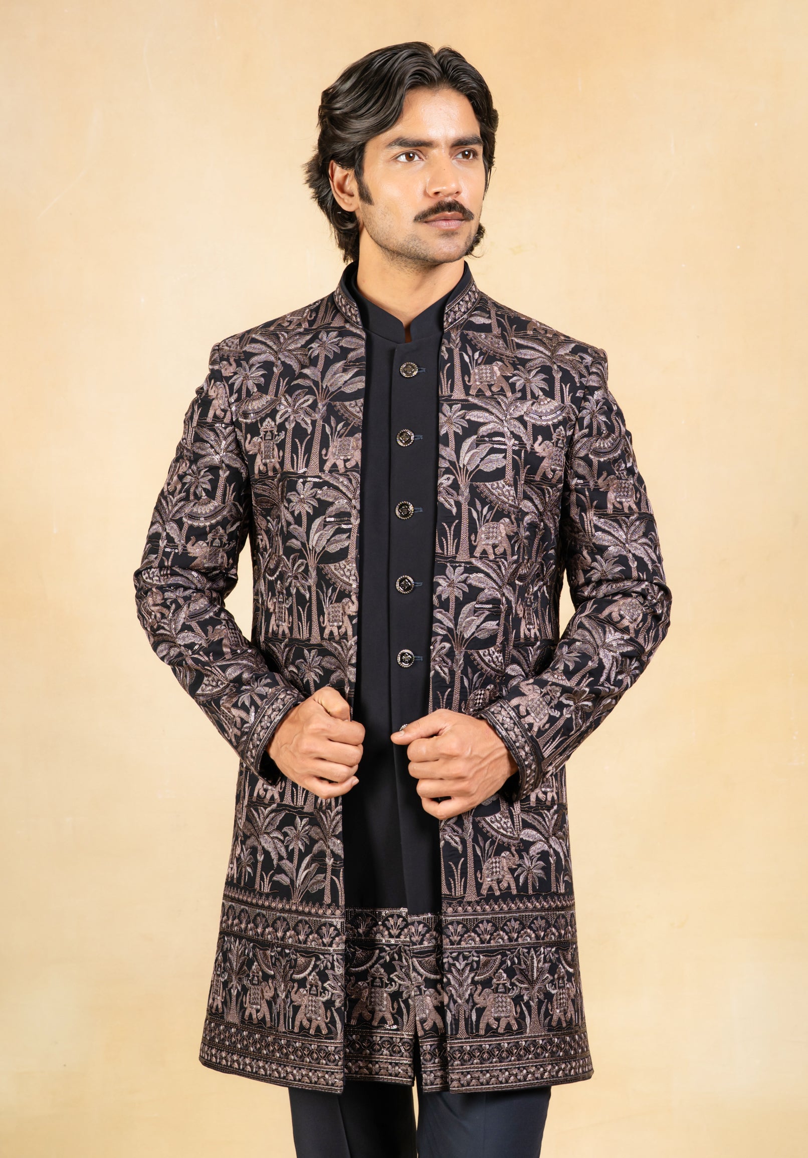 black embroidered open indowestern