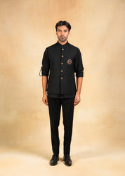 black nehru jacket with embroidered patch pocket