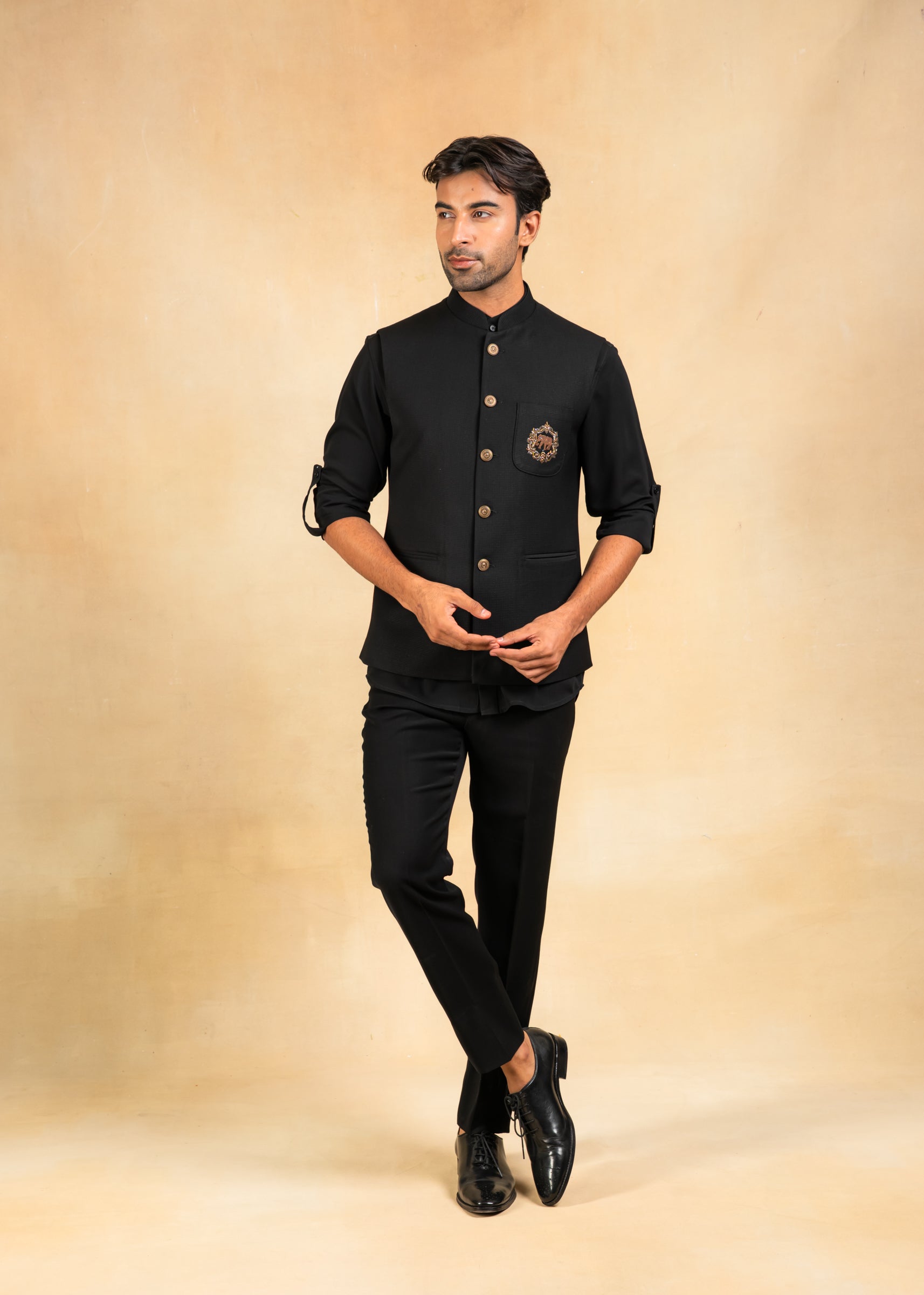black nehru jacket with embroidered patch pocket