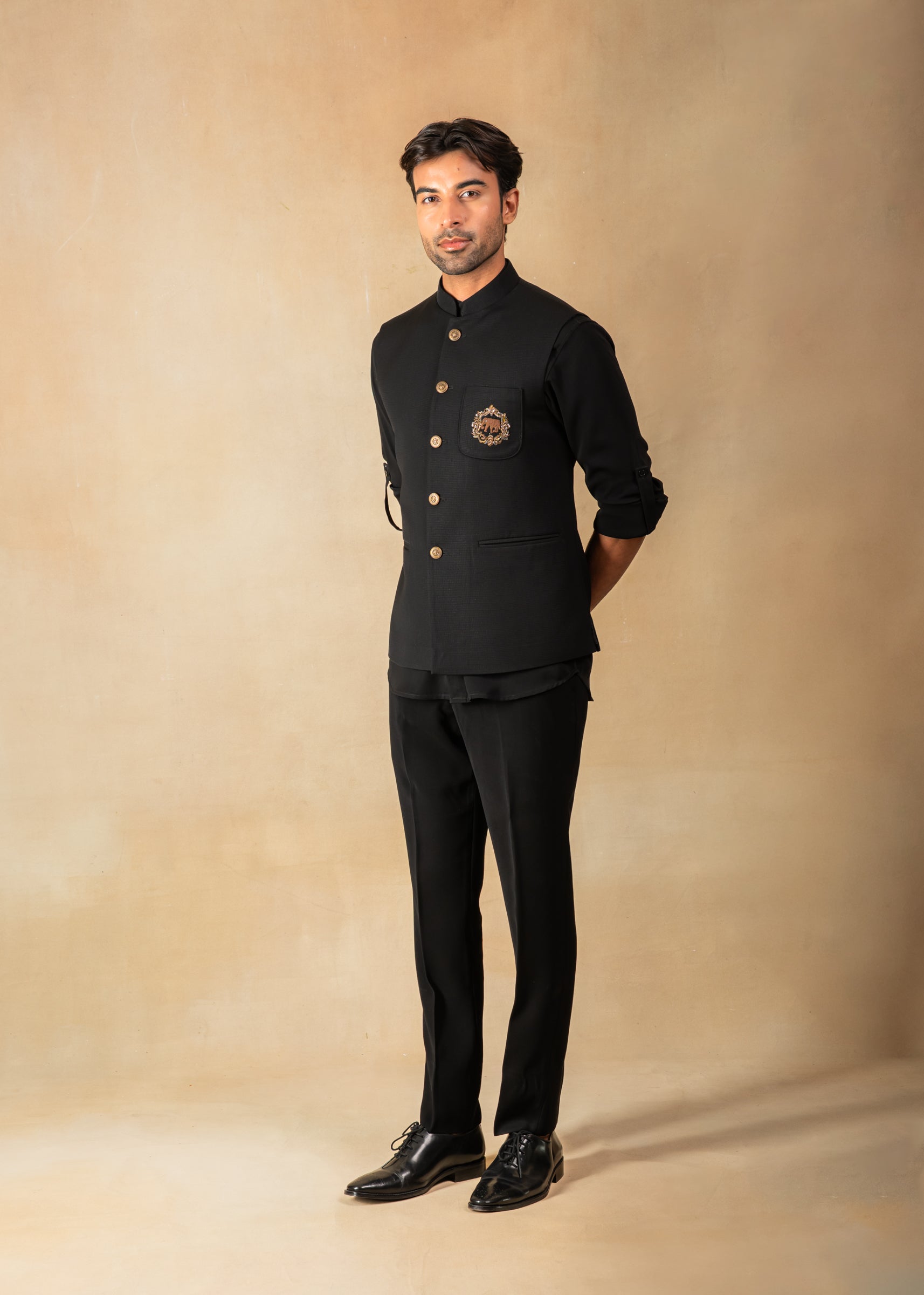 black nehru jacket with embroidered patch pocket