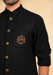 black nehru jacket with embroidered patch pocket