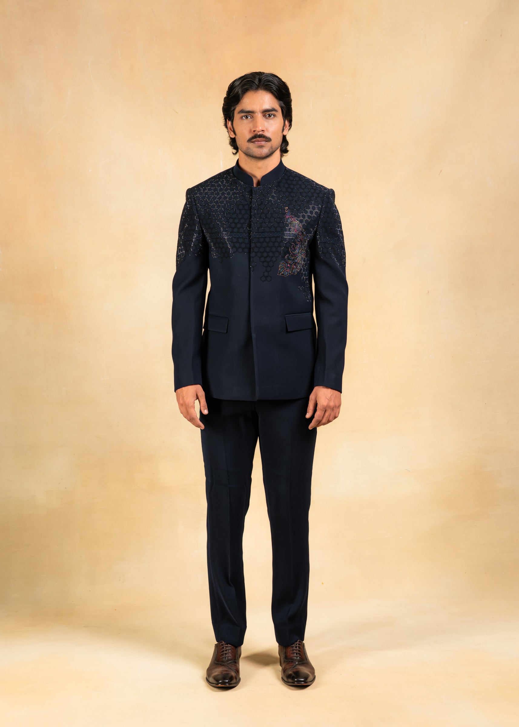 blue bandhgala with crystal and thread work