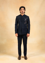 blue bandhgala with crystal and thread work