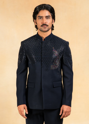 blue bandhgala with crystal and thread work