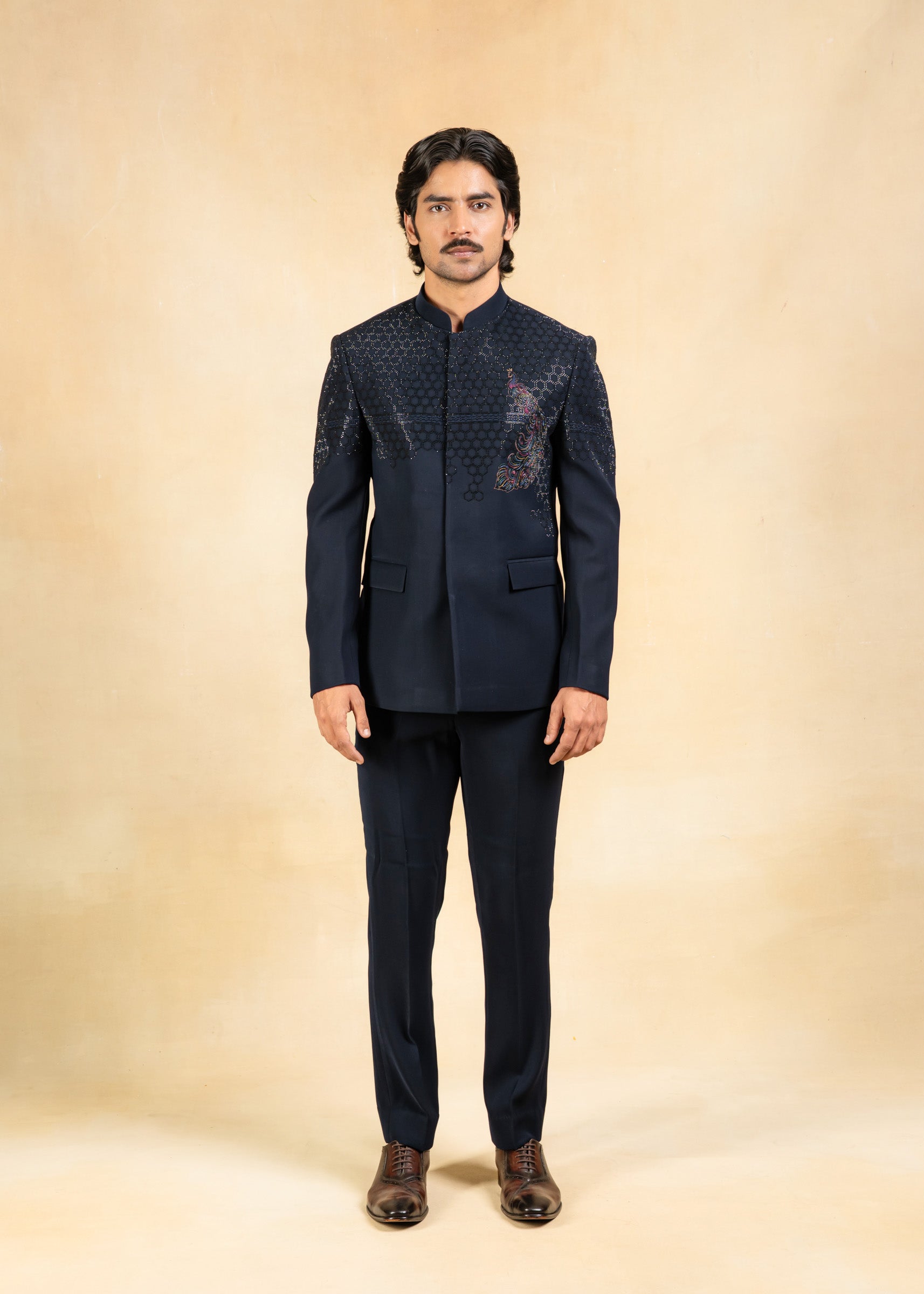 blue bandhgala with crystal and thread work