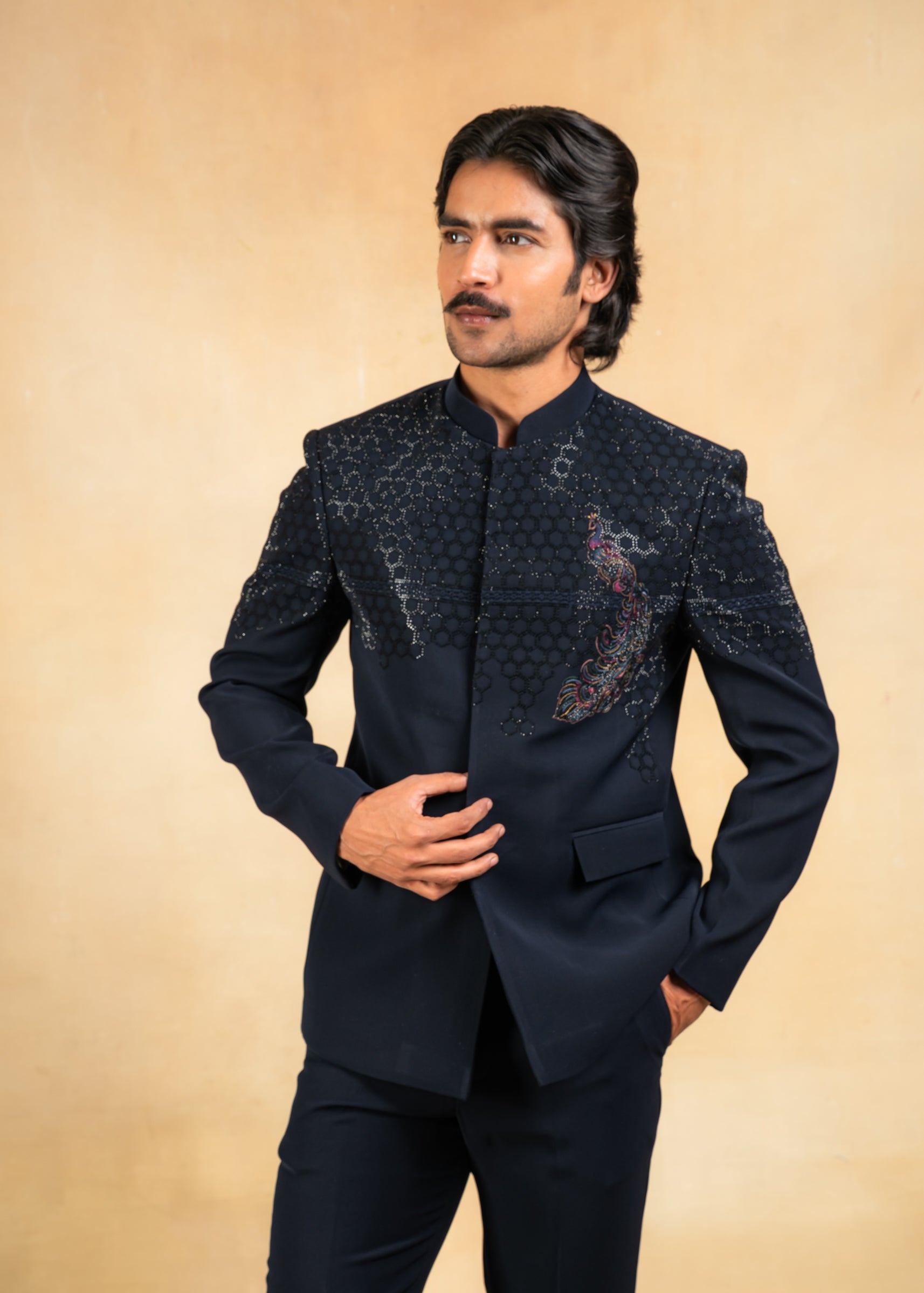 blue bandhgala with crystal and thread work