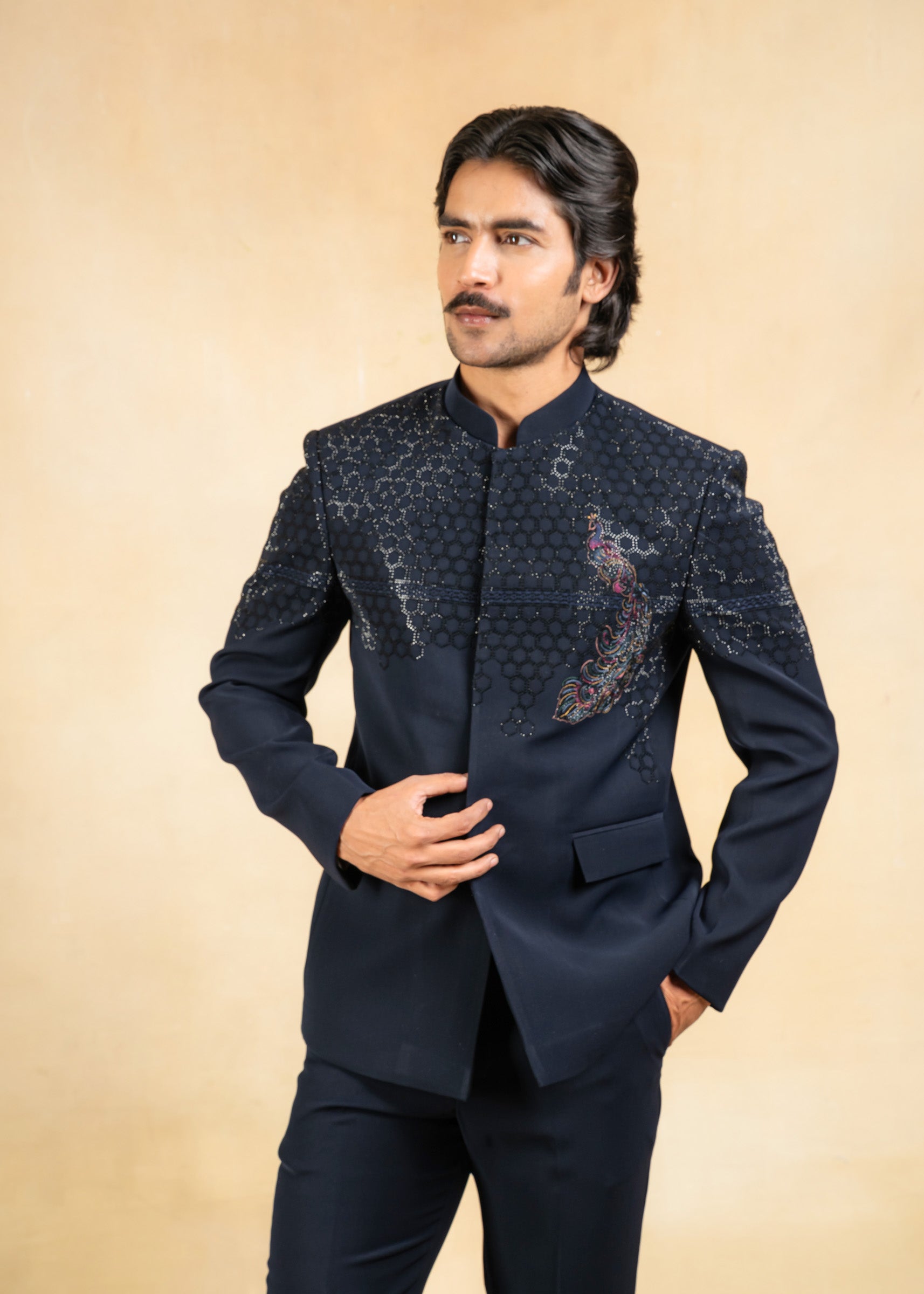 blue bandhgala with crystal and thread work