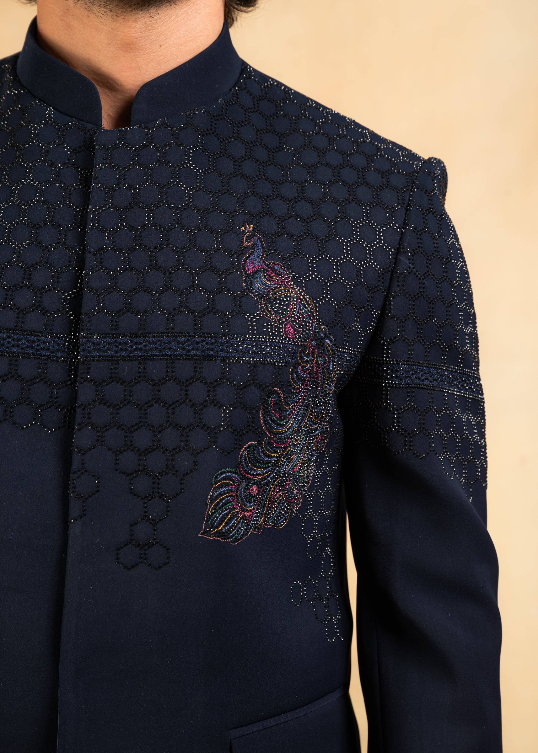 blue bandhgala with crystal and thread work