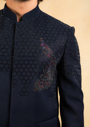 blue bandhgala with crystal and thread work