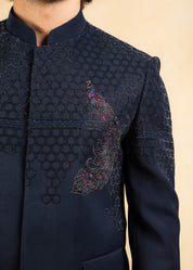blue bandhgala with crystal and thread work