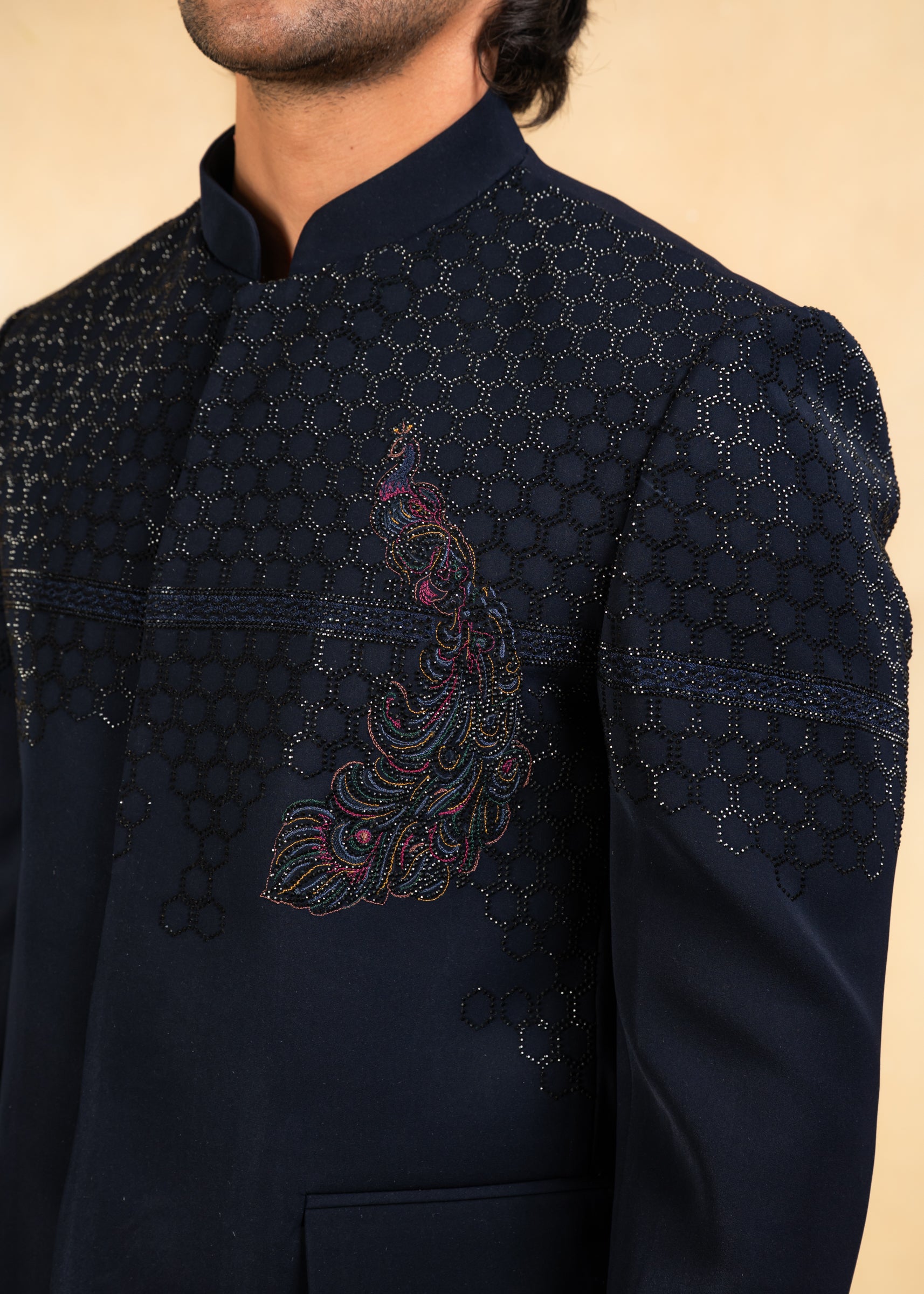 blue bandhgala with crystal and thread work
