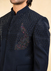 blue bandhgala with crystal and thread work
