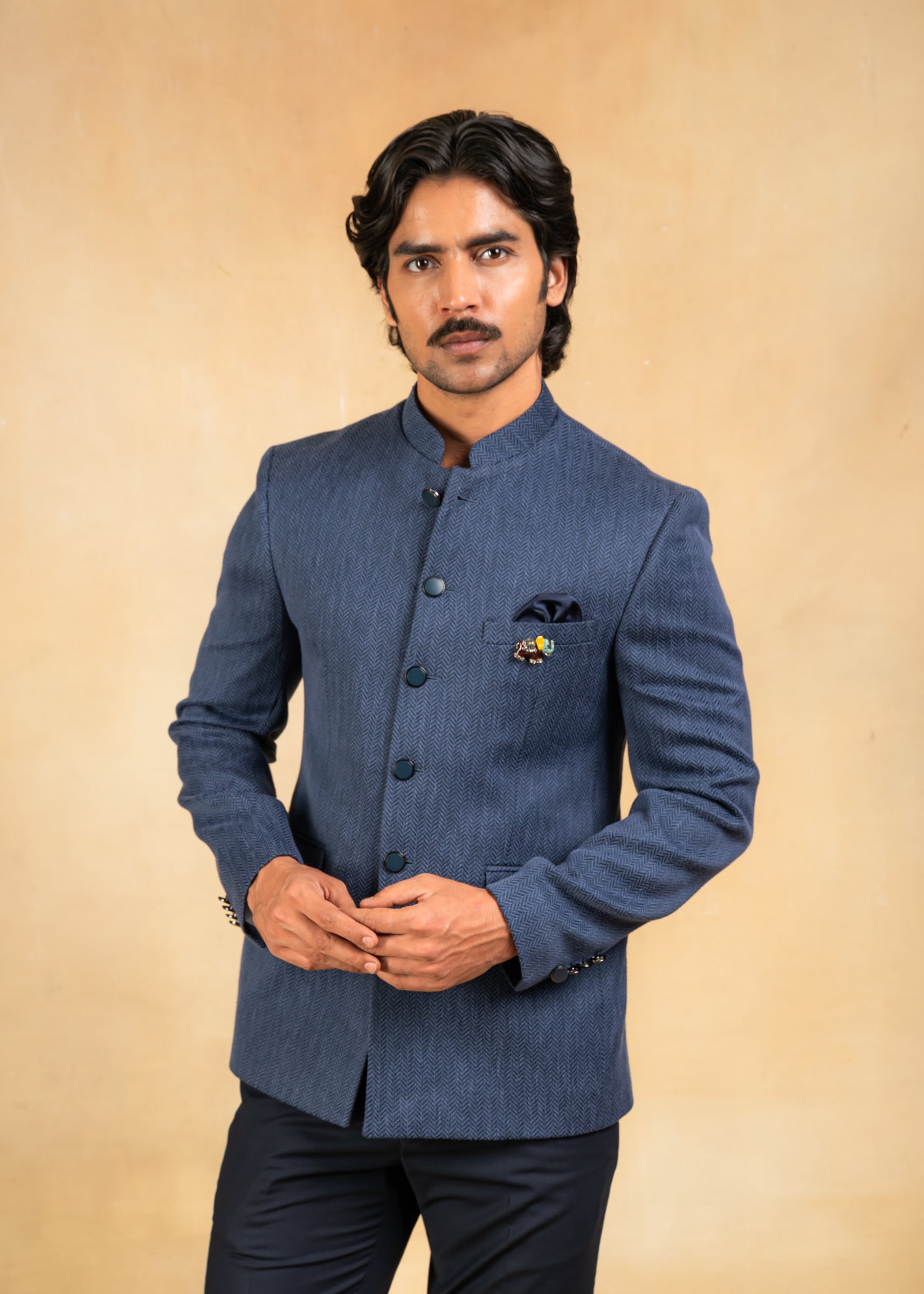 blue herringbone bandhgala