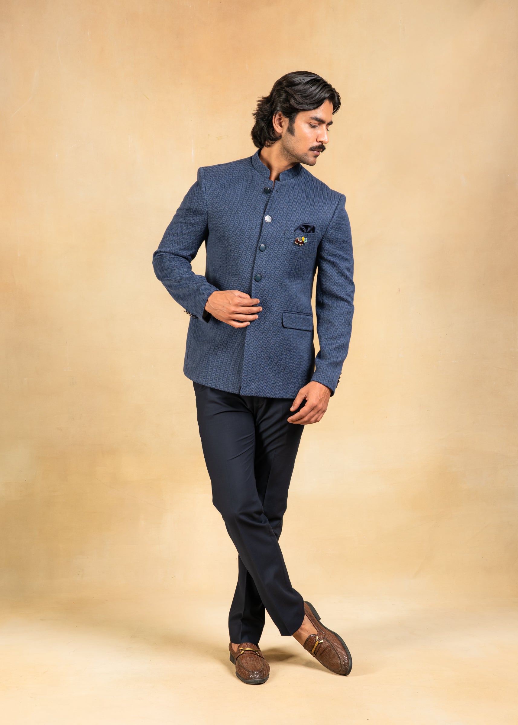 blue herringbone bandhgala