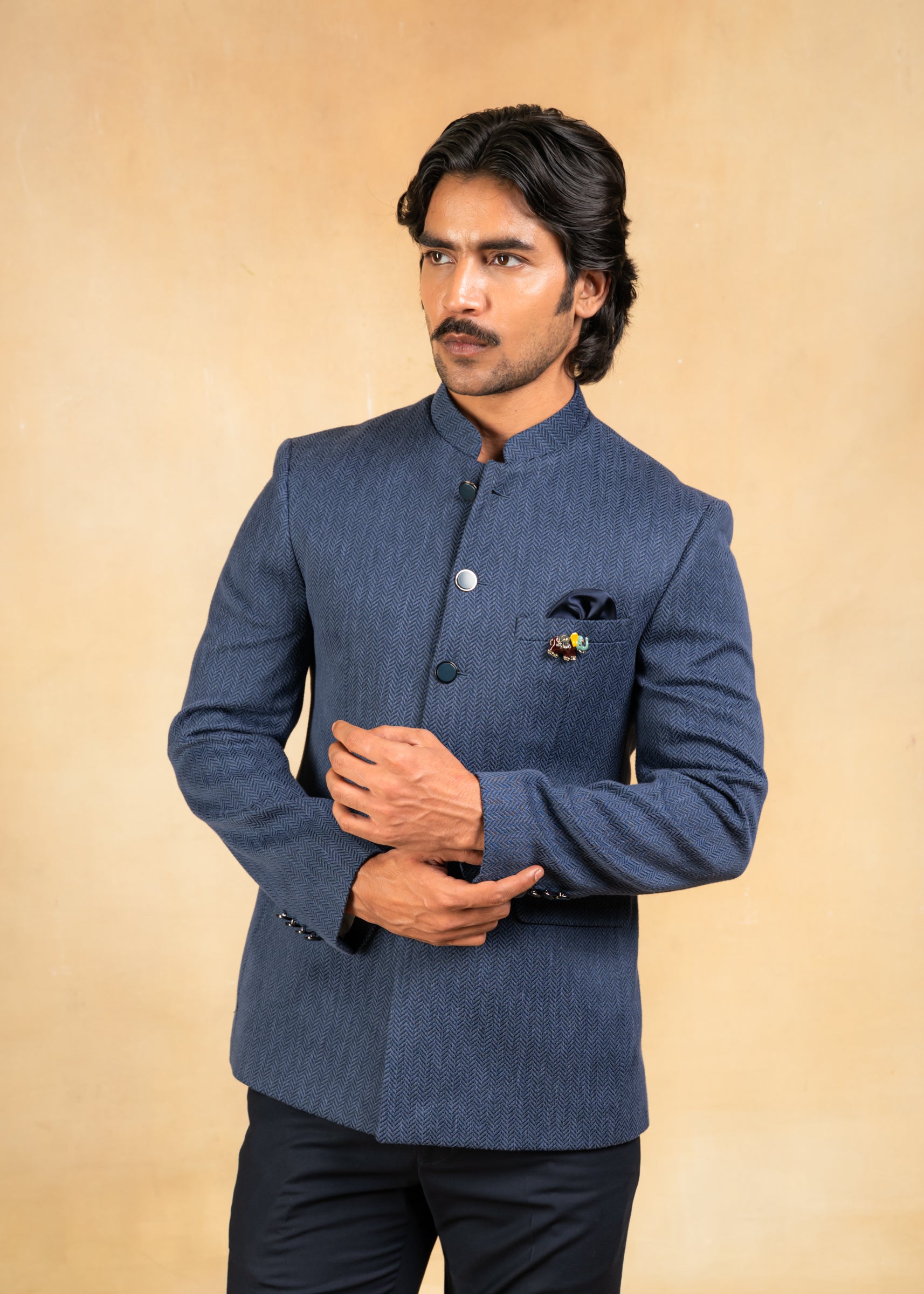 blue herringbone bandhgala