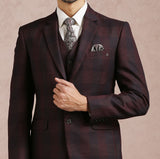 Wine Broad Checked Notch Collar 5 Piece Suit