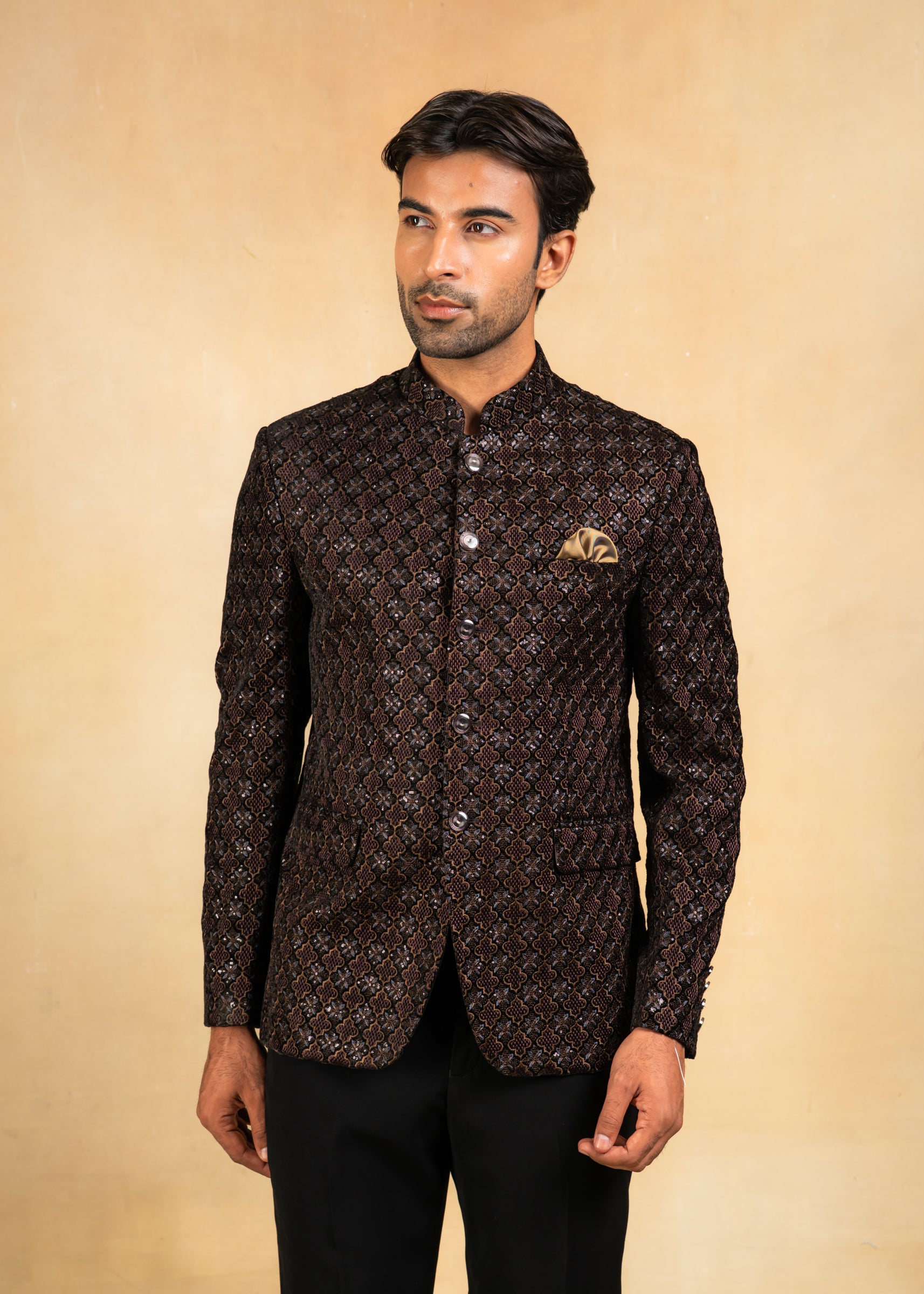 brown velvet embroidered bandhgala