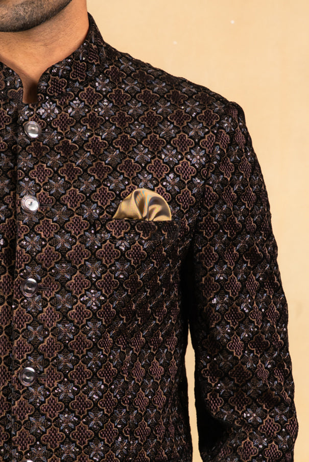 brown velvet embroidered bandhgala