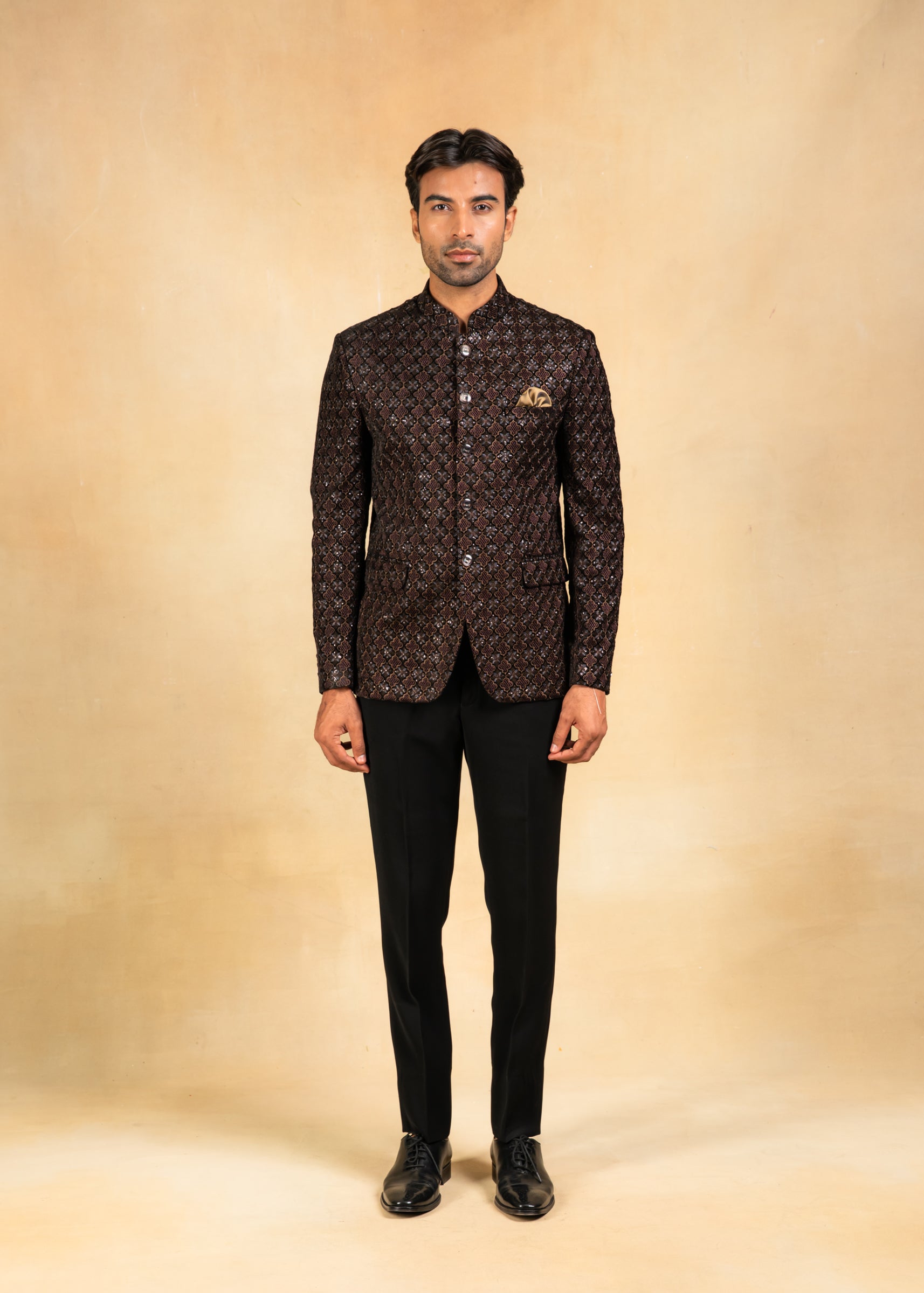 brown velvet embroidered bandhgala