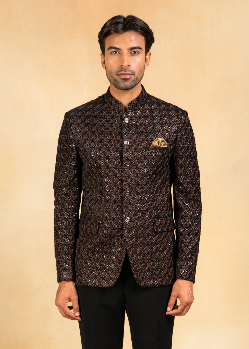 brown velvet embroidered bandhgala