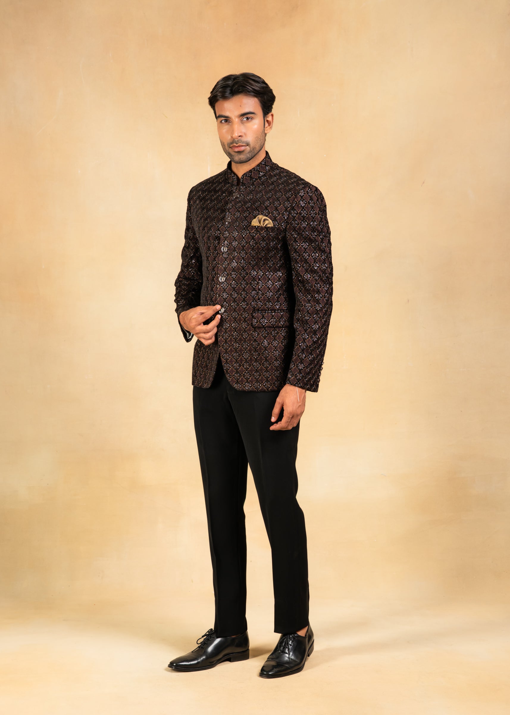 brown velvet embroidered bandhgala