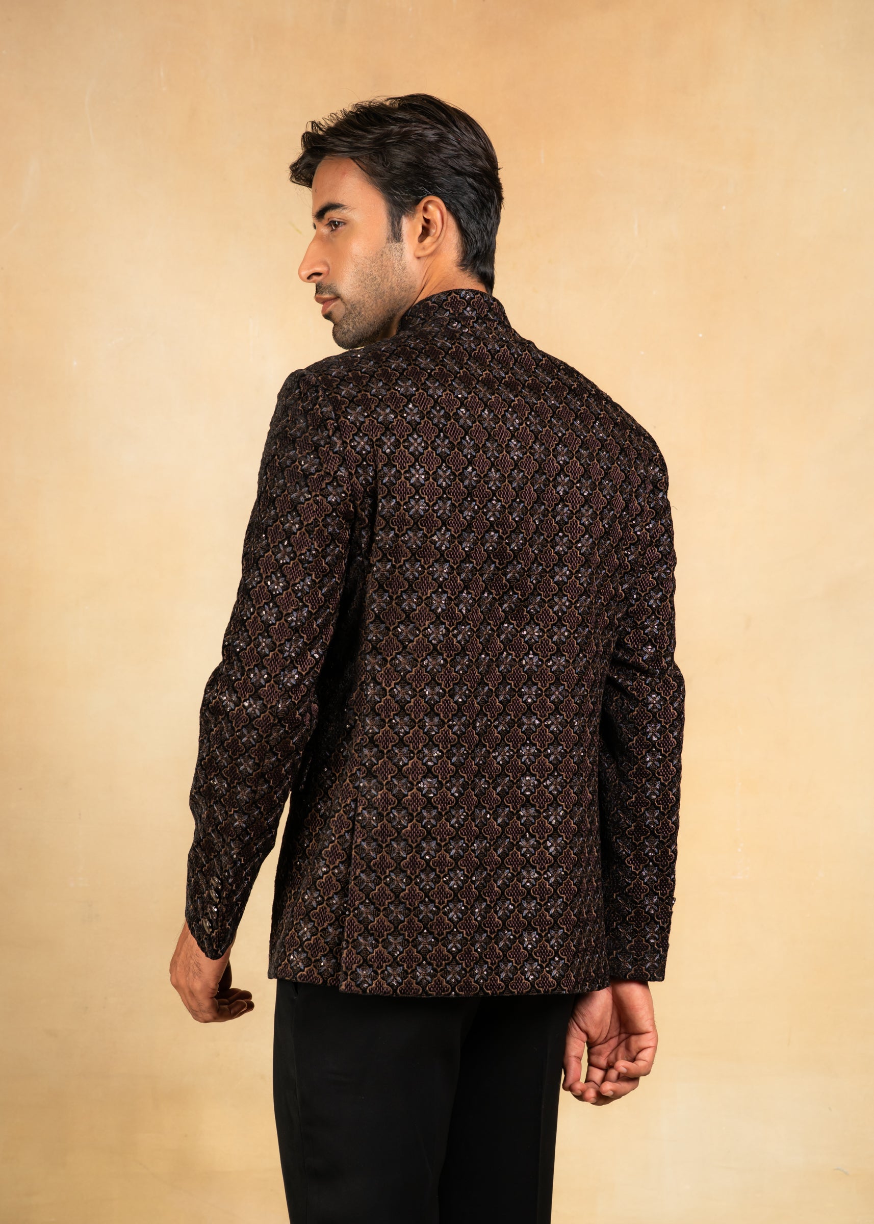 brown velvet embroidered bandhgala