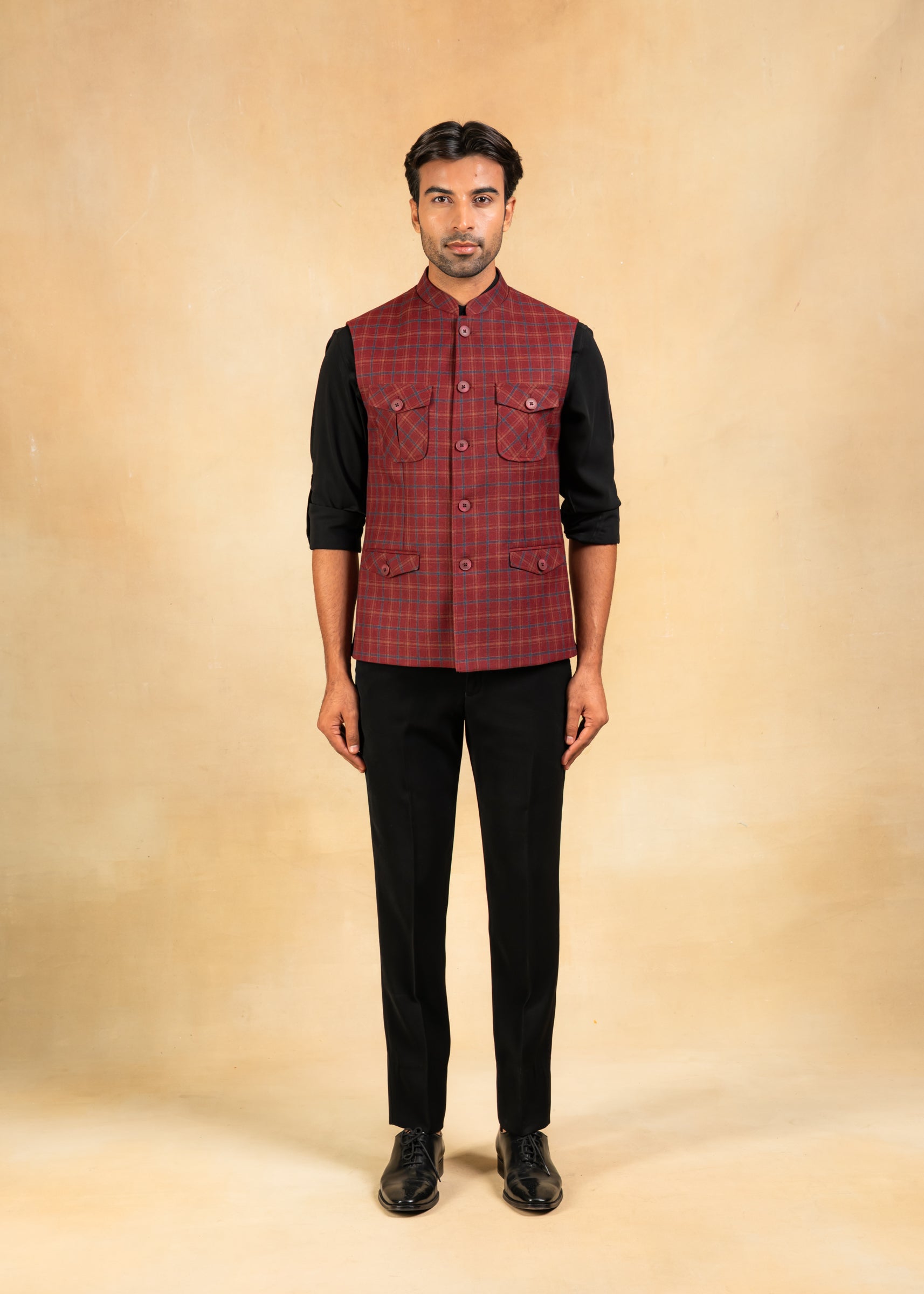 checkered 4 pocket nehru jacket