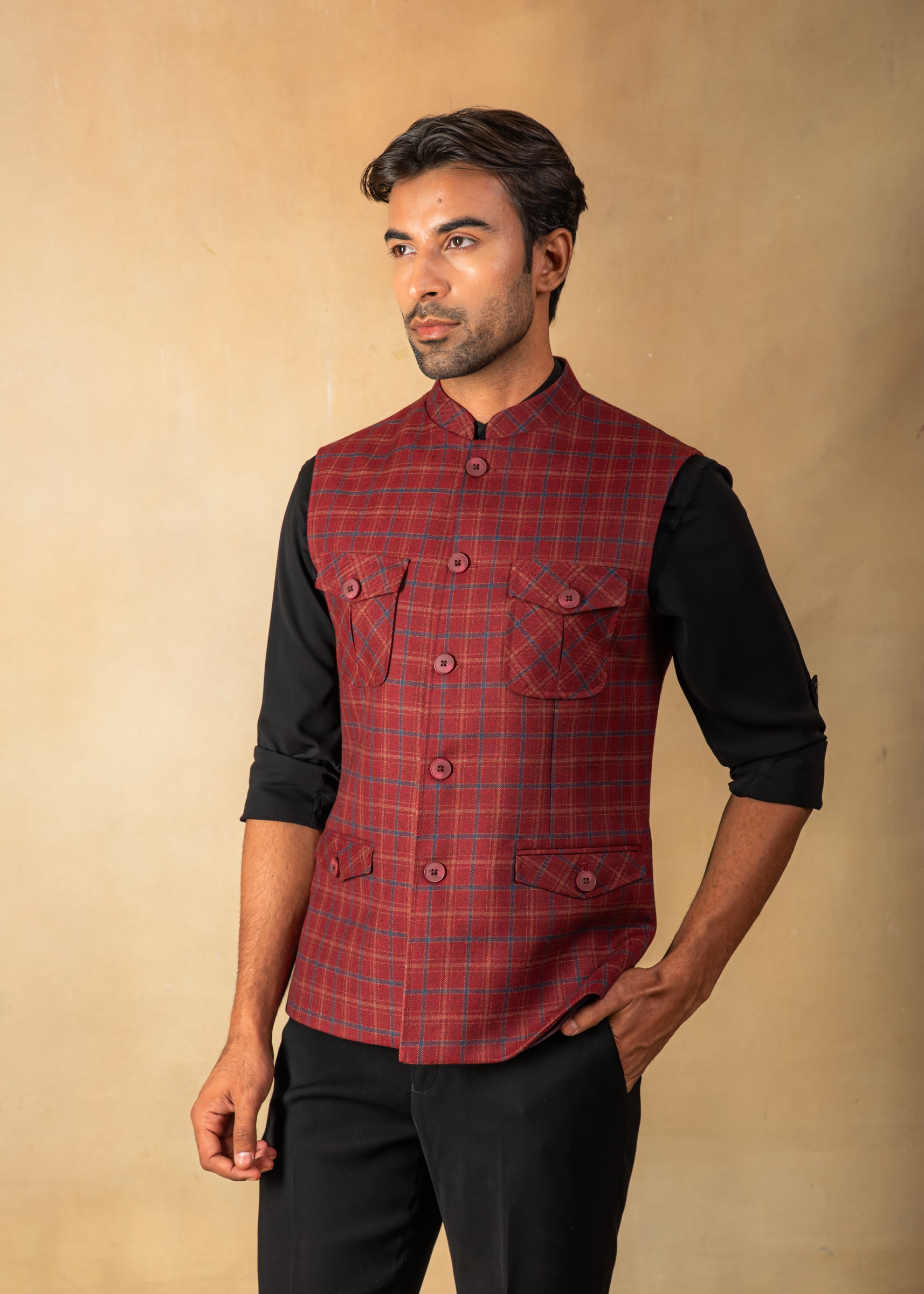 checkered 4 pocket nehru jacket
