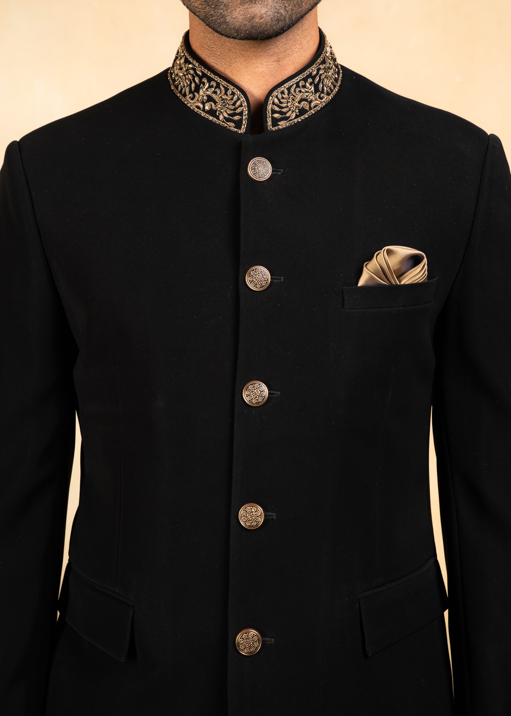 classic black bandhgala with hand embroidered collar