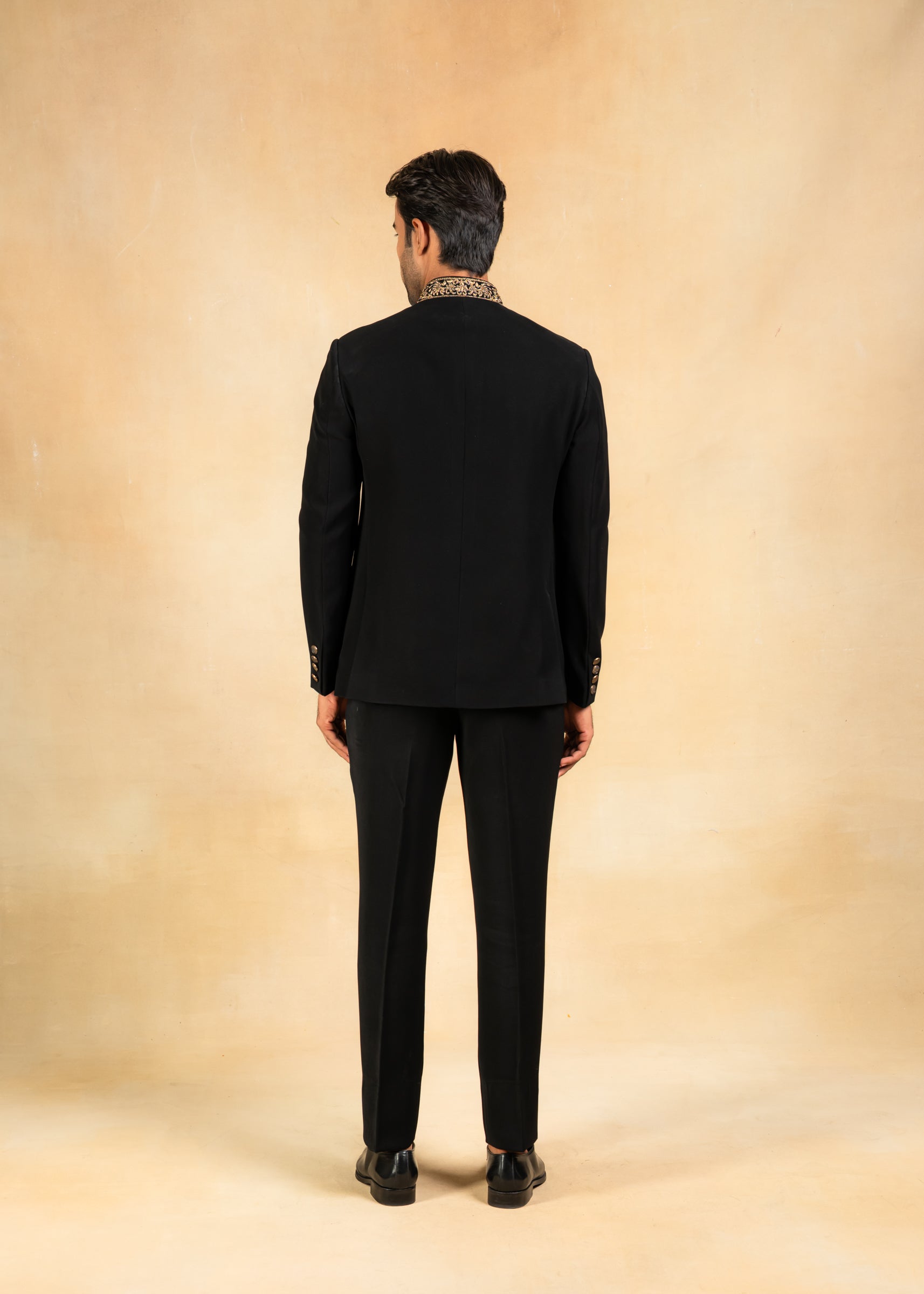 classic black bandhgala with hand embroidered collar