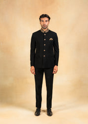 classic black bandhgala with hand embroidered collar