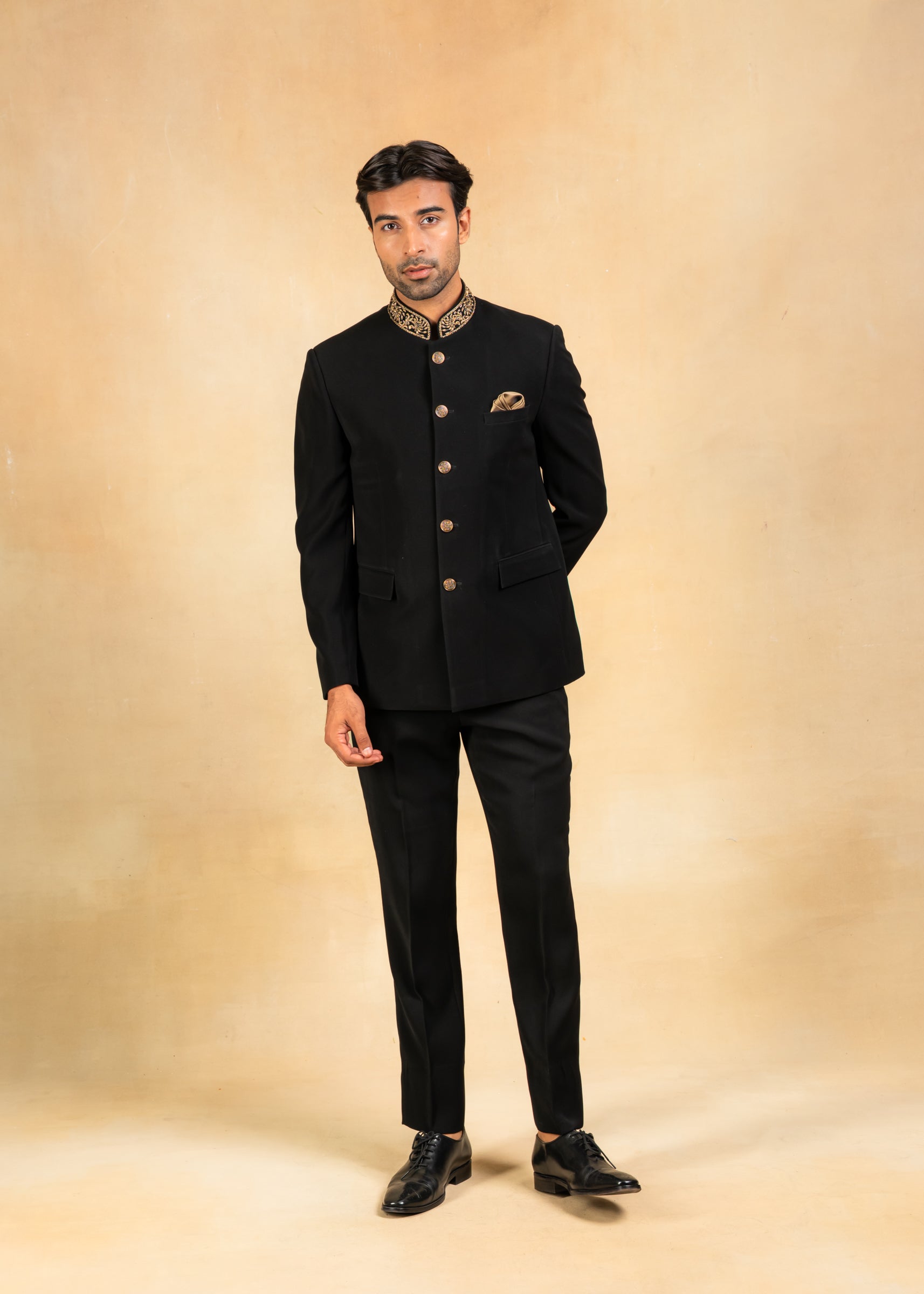 classic black bandhgala with hand embroidered collar
