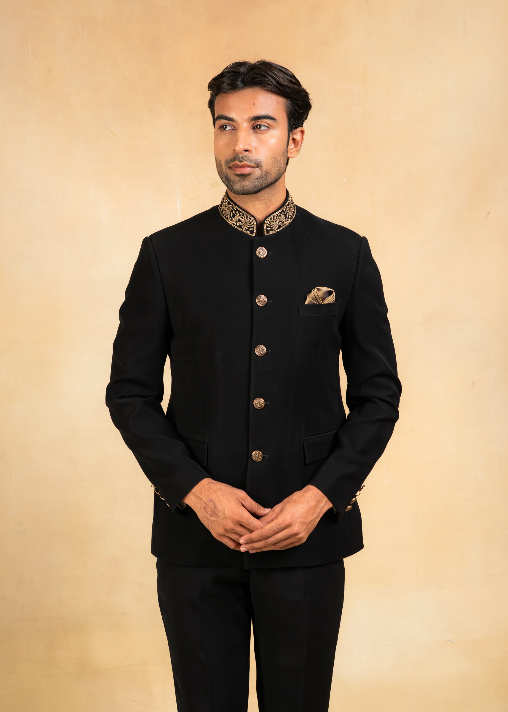 classic black bandhgala with hand embroidered collar