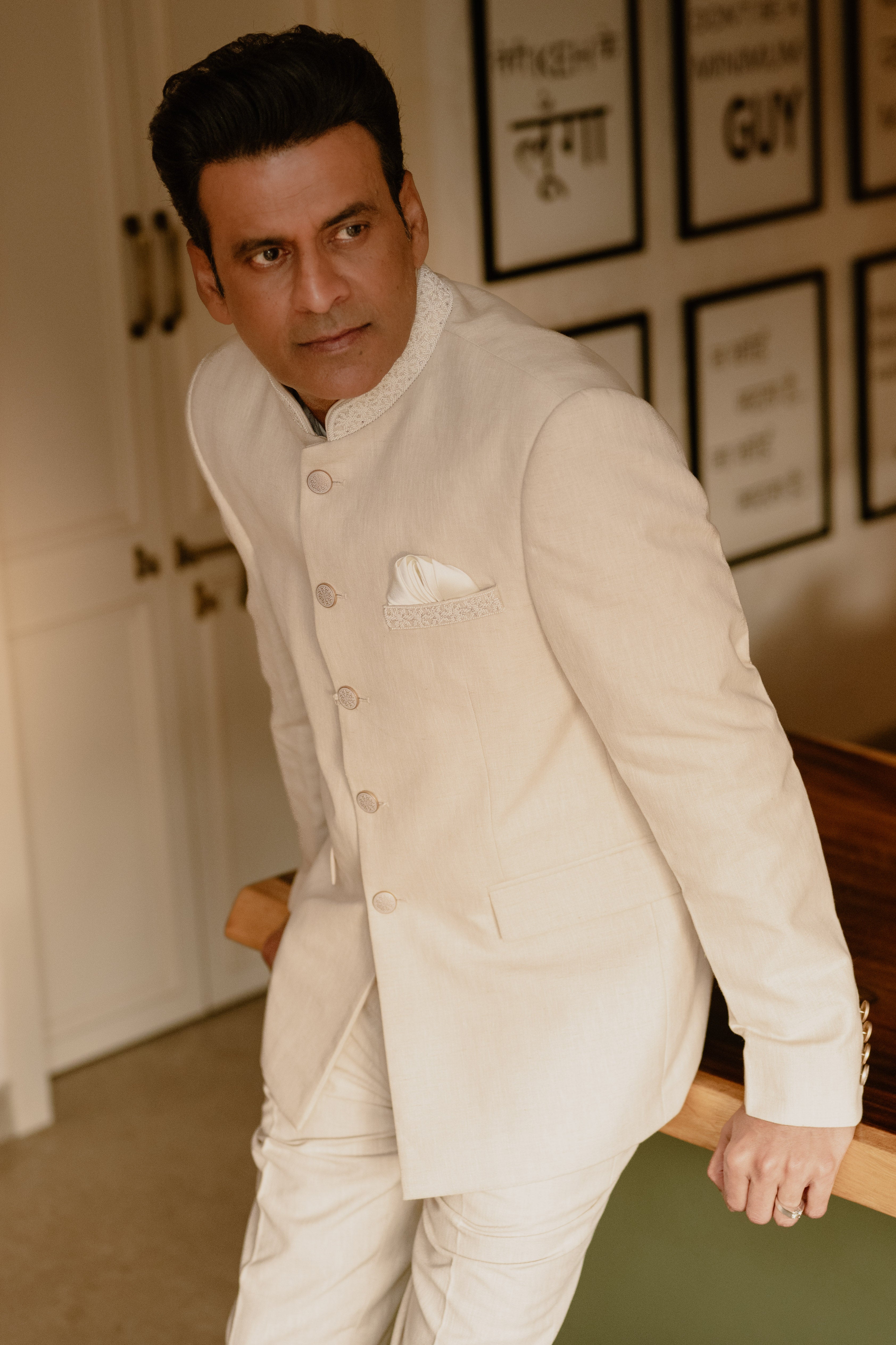 Cream hand embroidered designer bandhgala suit with pearl collar detailing and matching trousers