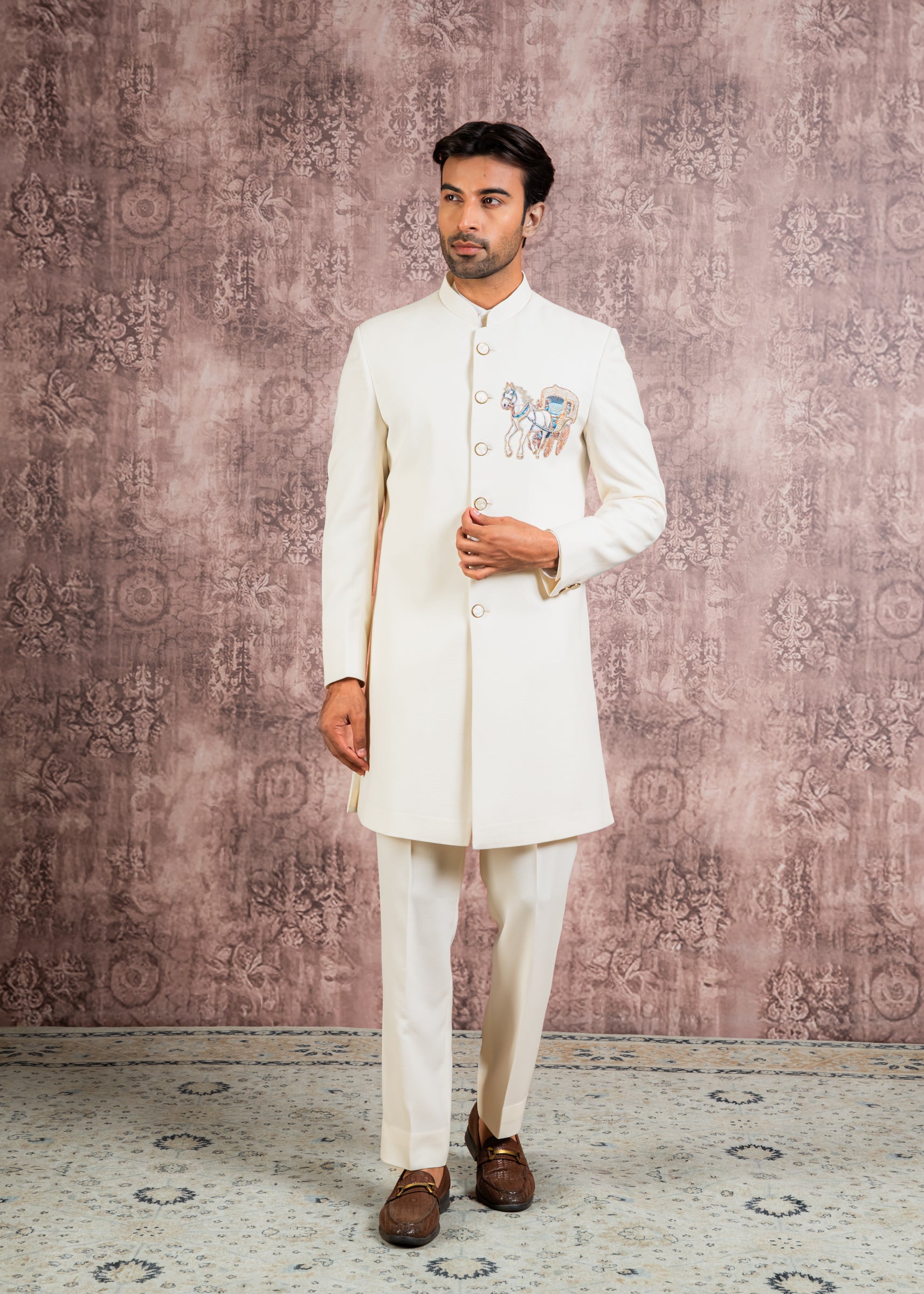 cream indowestern with embroidered motif
