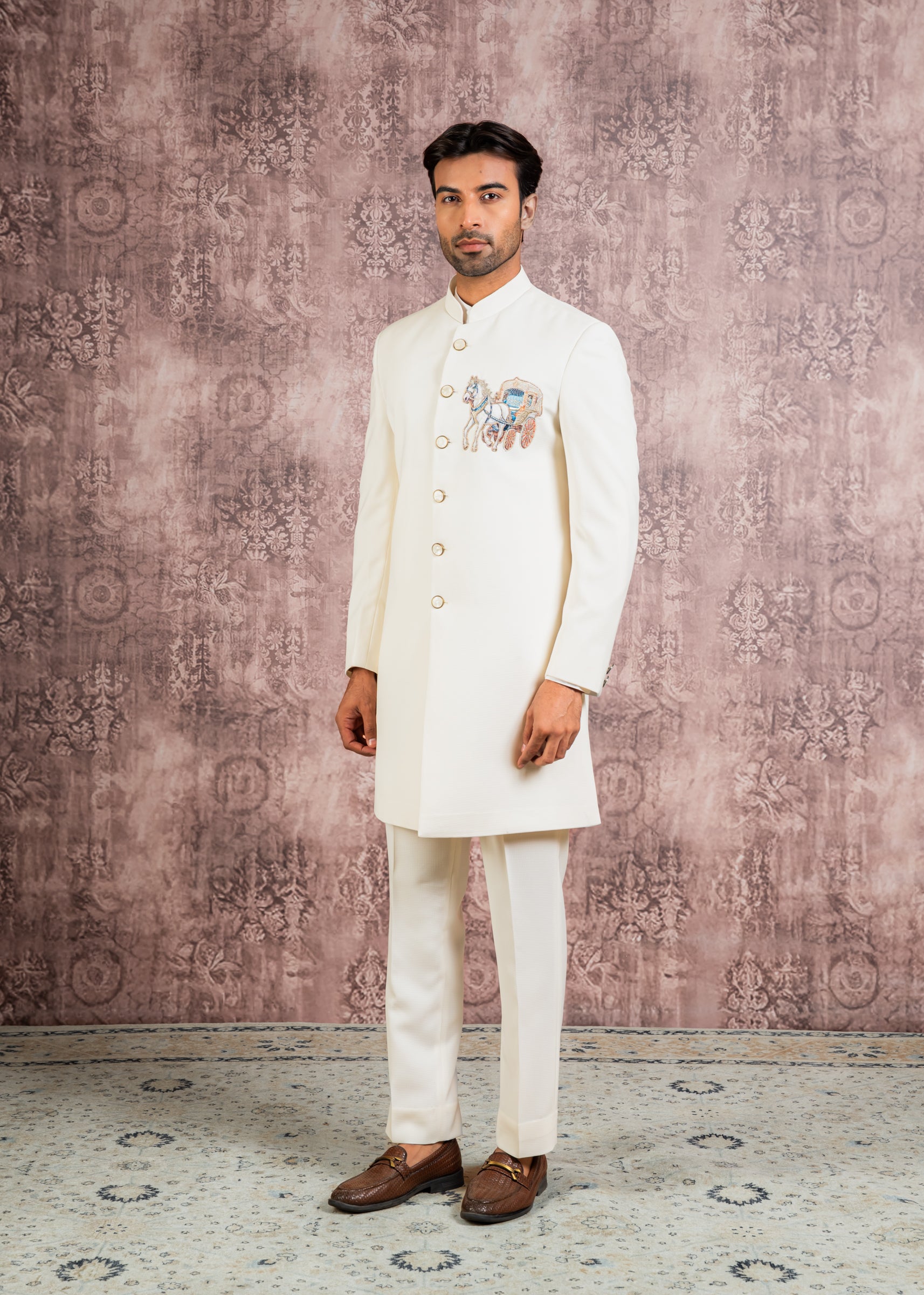 cream indowestern with embroidered motif