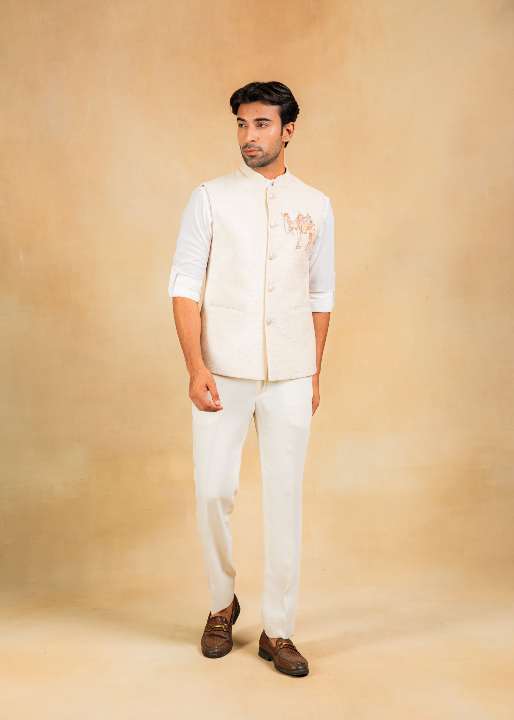 cream nehru jacket with embroidered motif