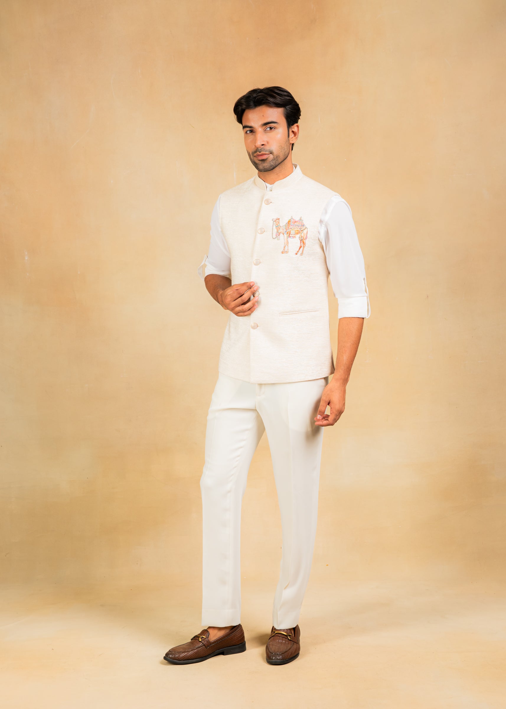 cream nehru jacket with embroidered motif