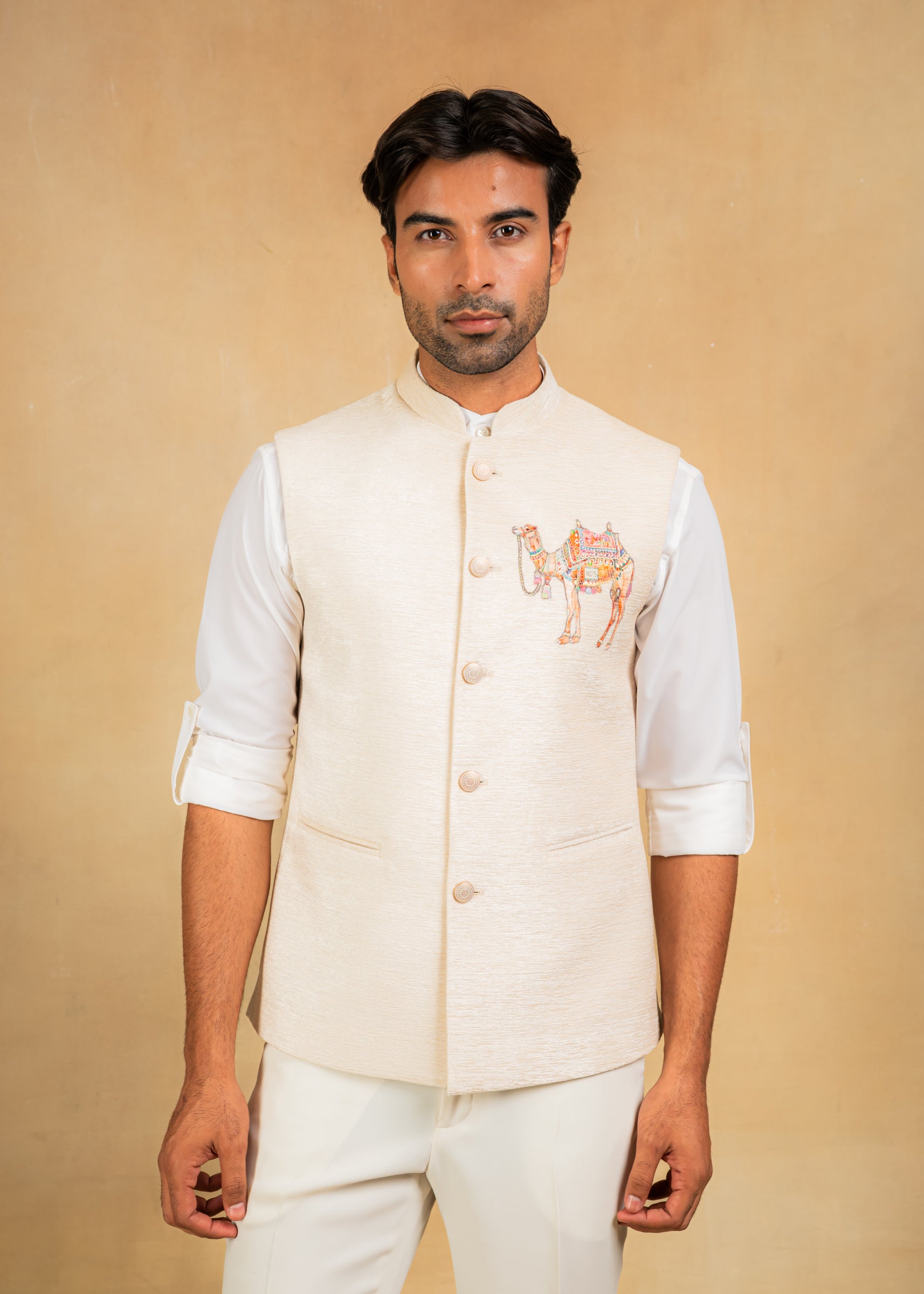 cream nehru jacket with embroidered motif