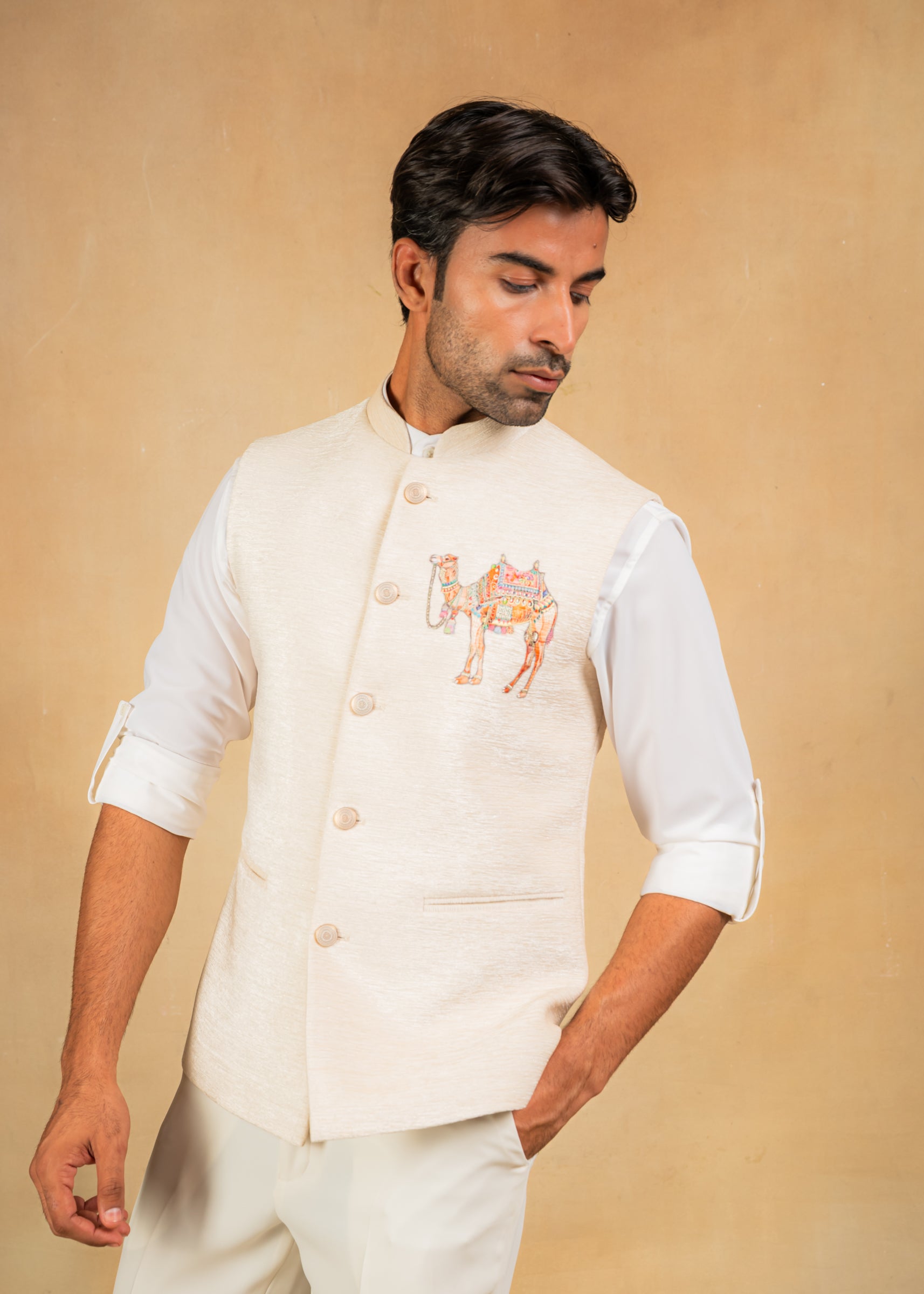 cream nehru jacket with embroidered motif