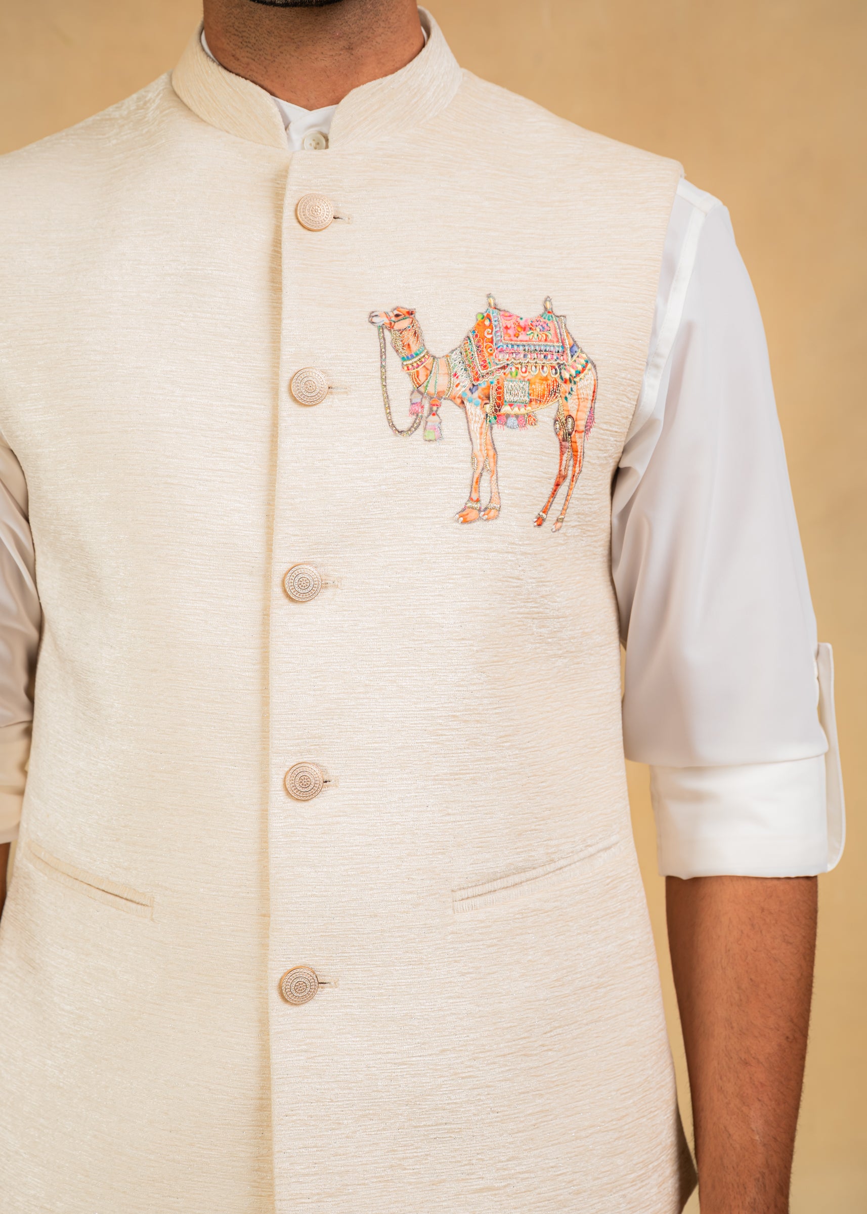 cream nehru jacket with embroidered motif
