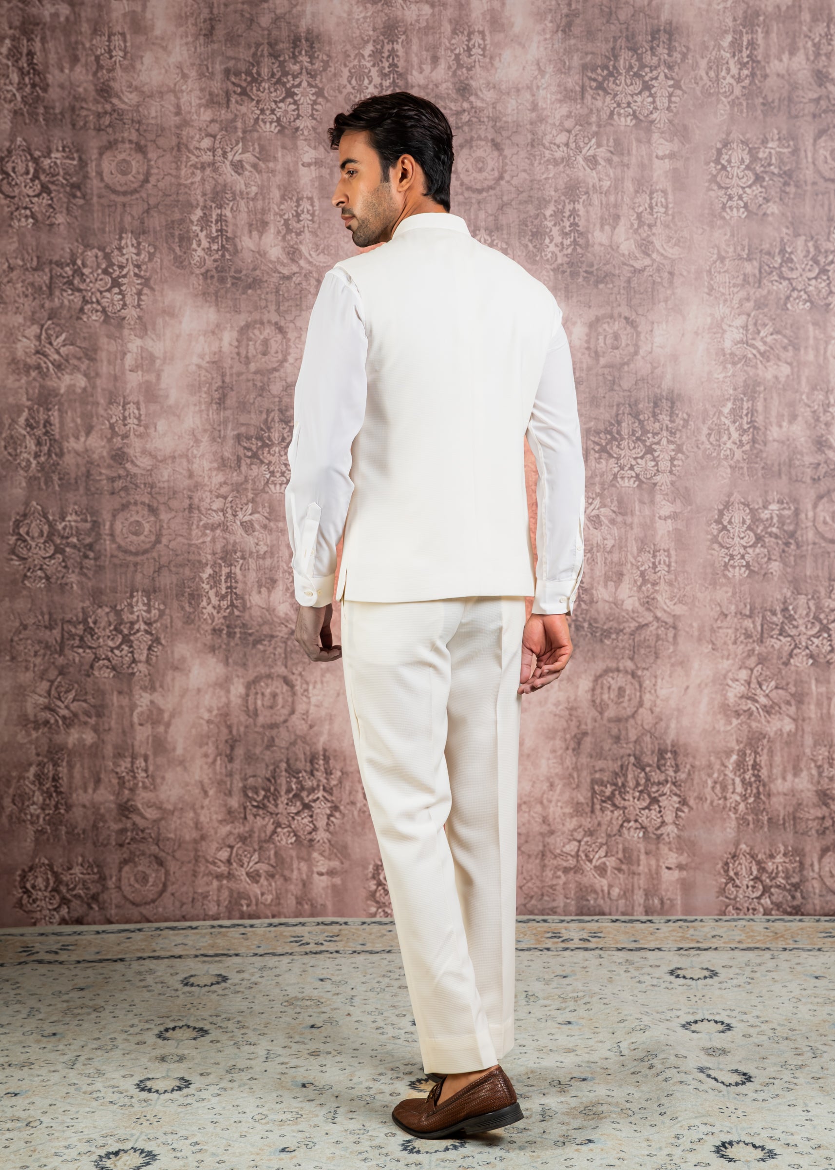 cream nehru jacket with embroidered patch pocket