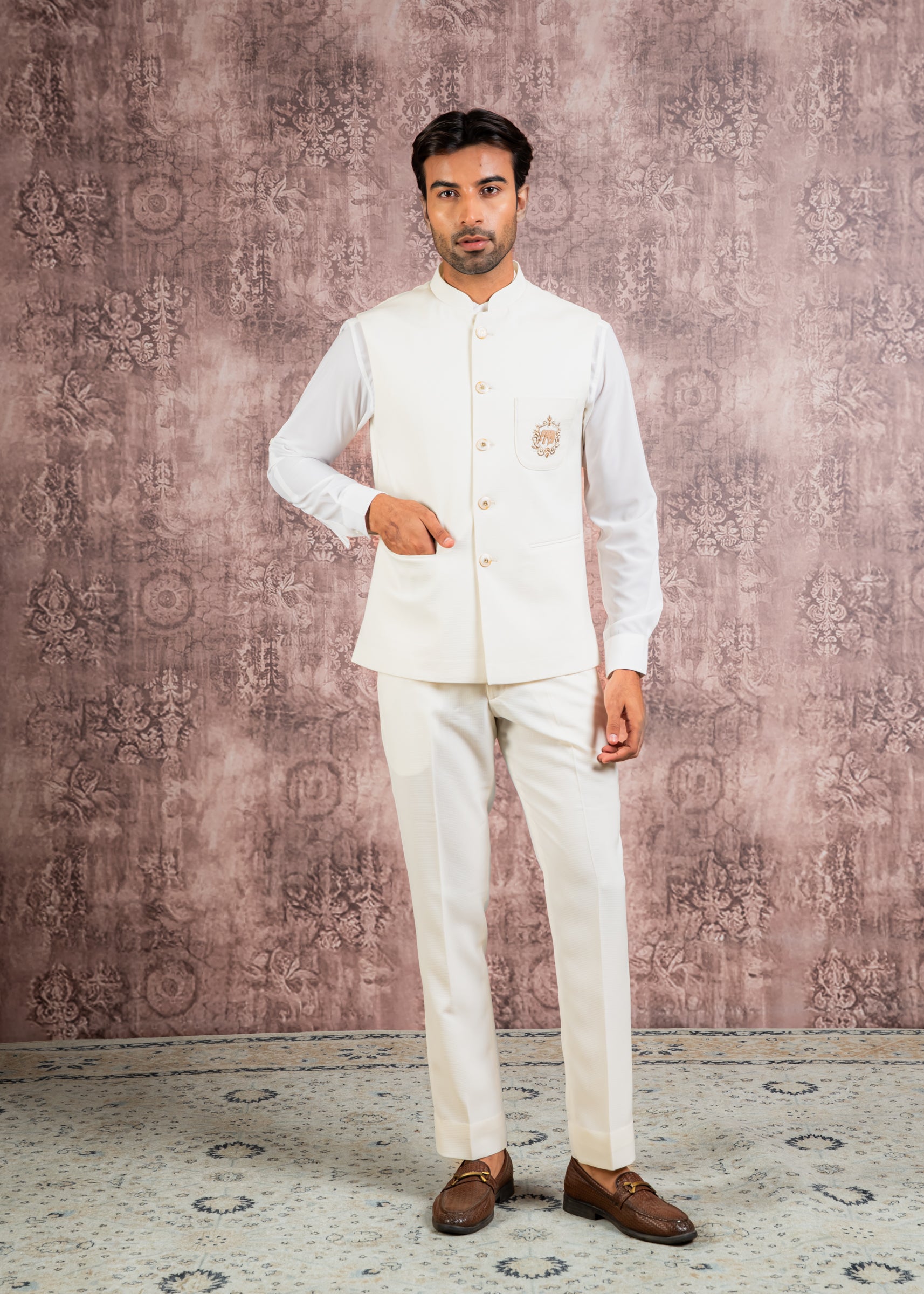 cream nehru jacket with embroidered patch pocket