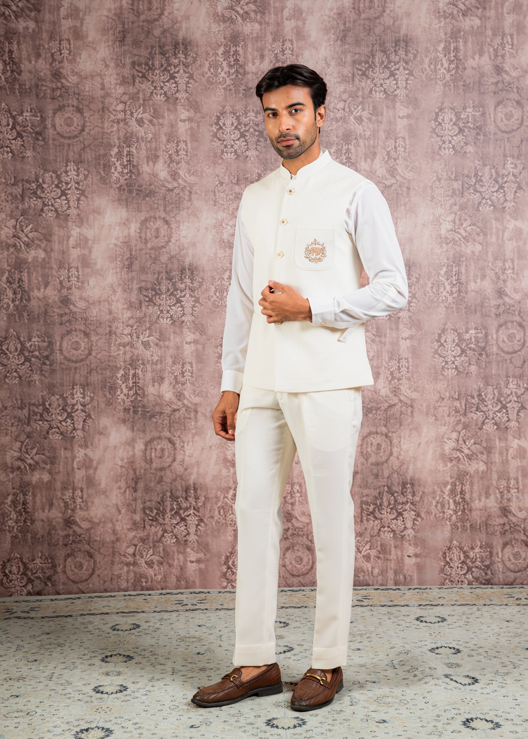 cream nehru jacket with embroidered patch pocket