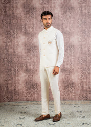 cream nehru jacket with embroidered patch pocket