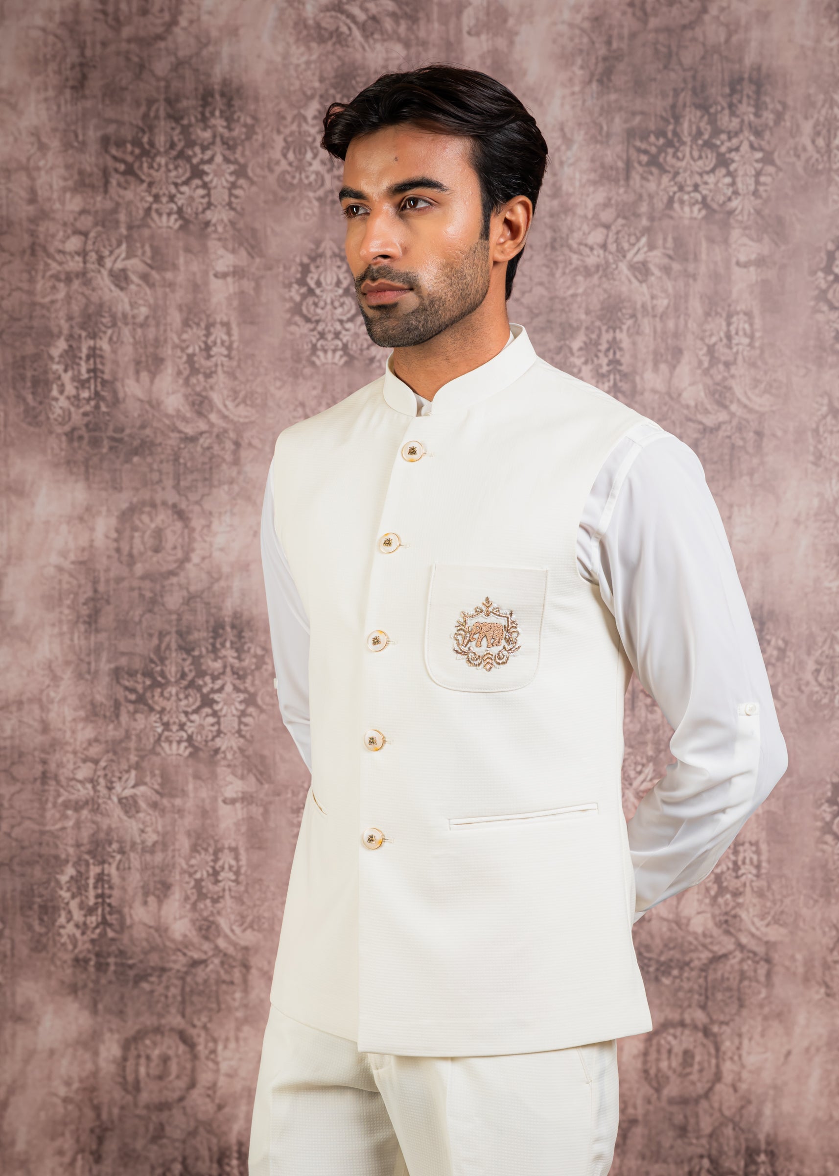 cream nehru jacket with embroidered patch pocket