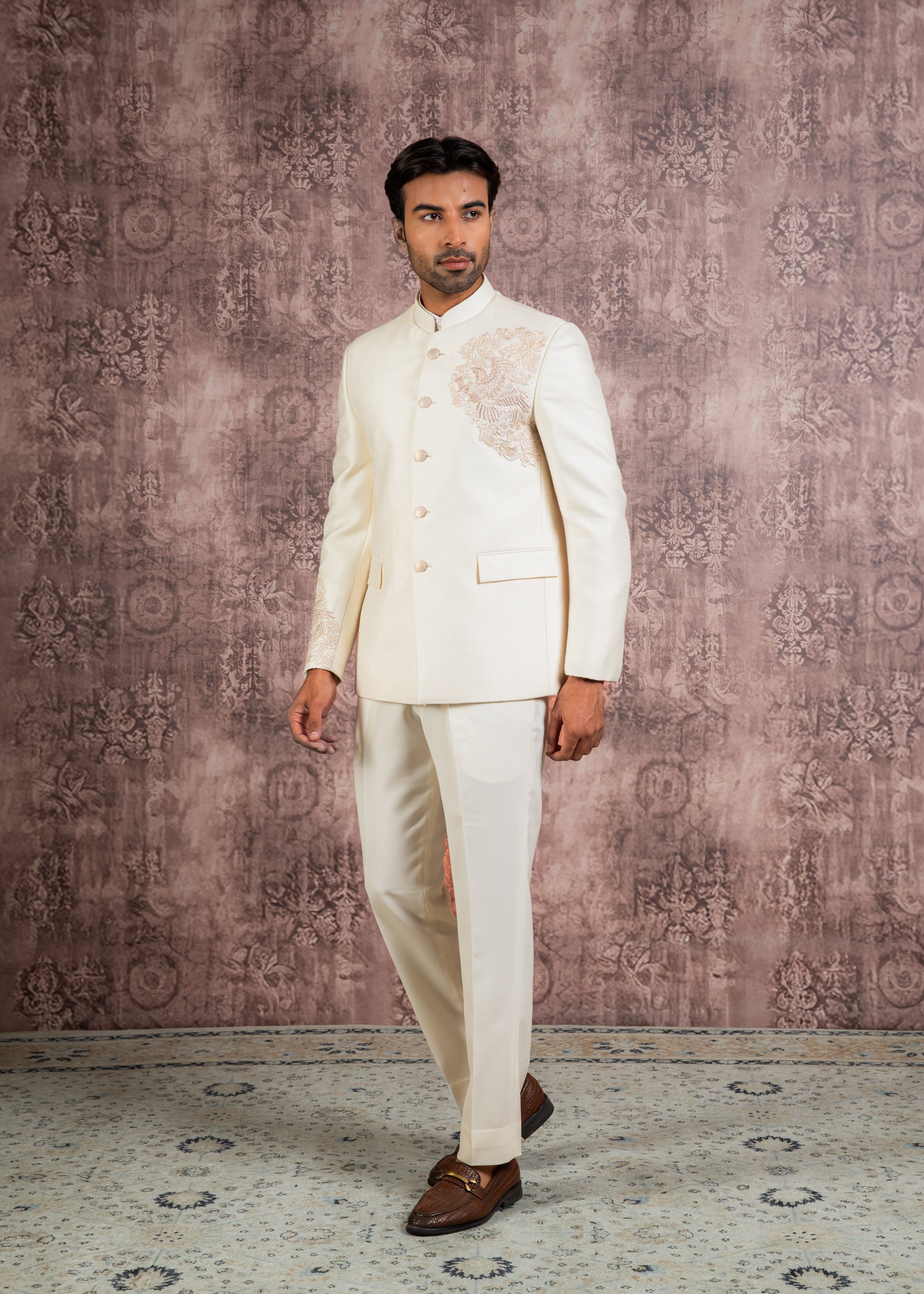cream silk hand embroidered bandhgala
