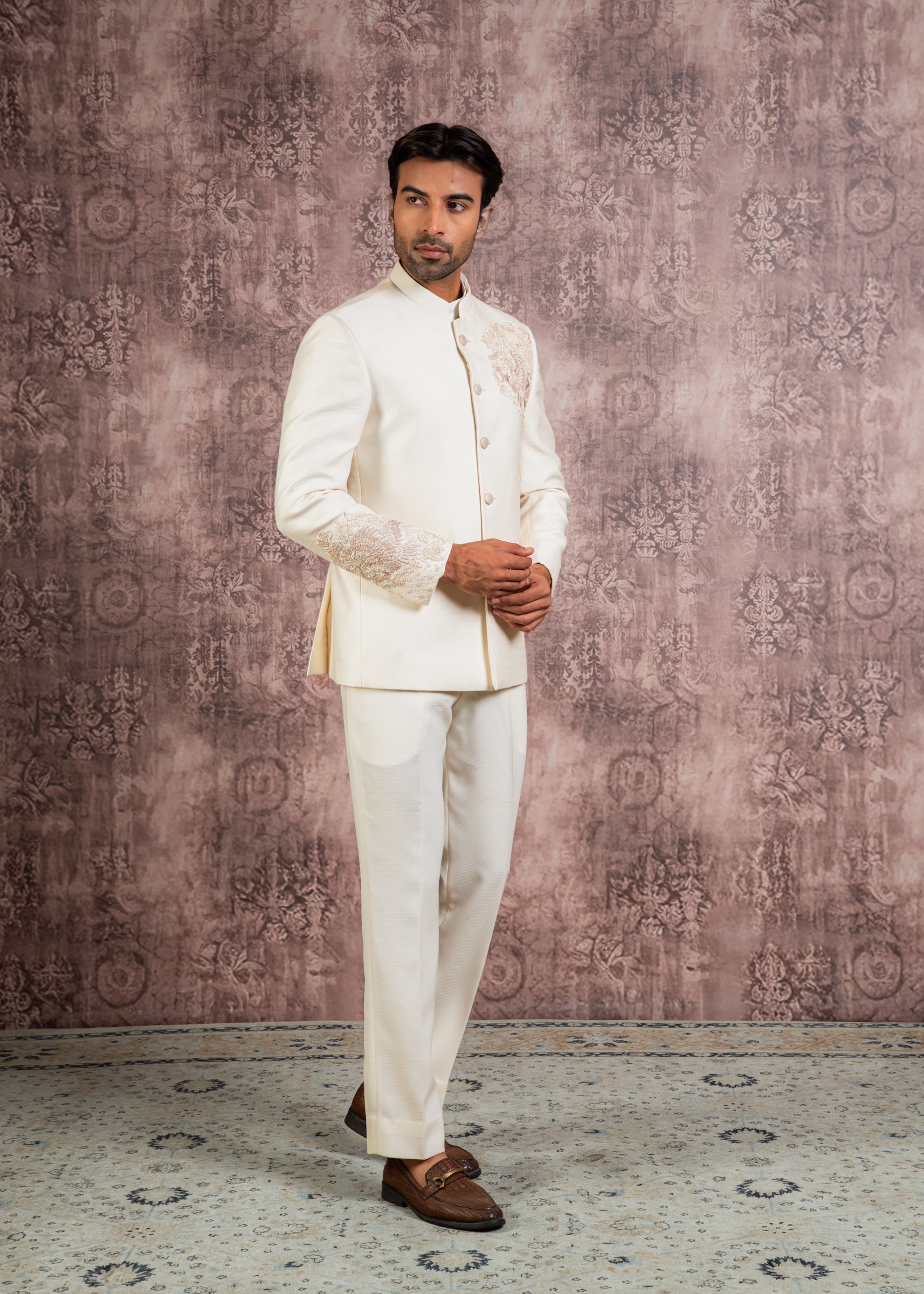 cream silk hand embroidered bandhgala