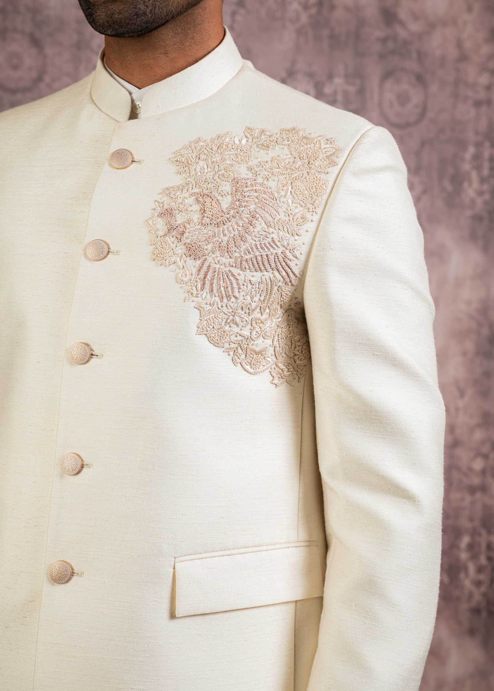 cream silk hand embroidered bandhgala