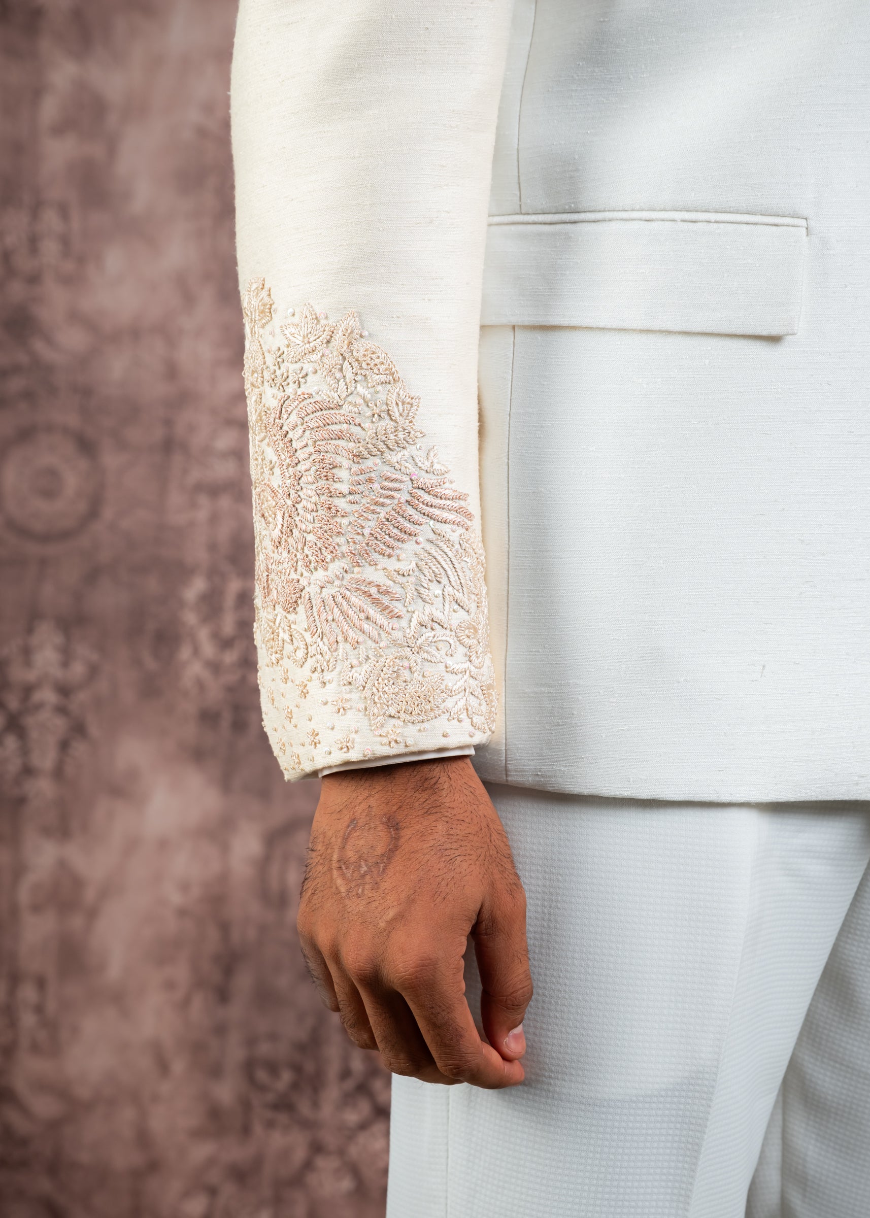cream silk hand embroidered bandhgala